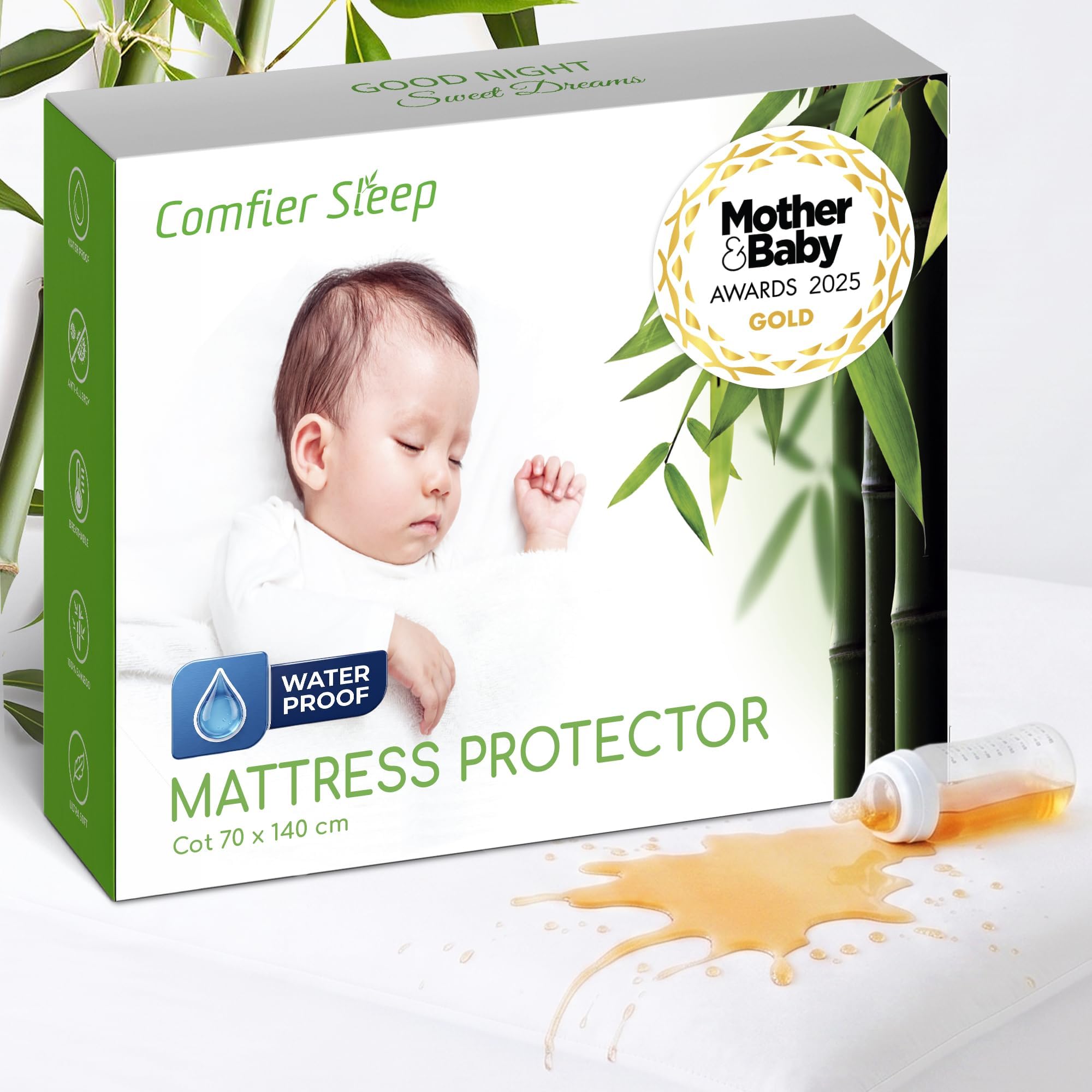 Cot Bed Mattress Protector 70x140cm Waterproof 100% Bamboo | Hypoallergenic, Certified, Breathable Mattress Protector, Noiseless Fitted Mattress Cover for Everyday Bedding
