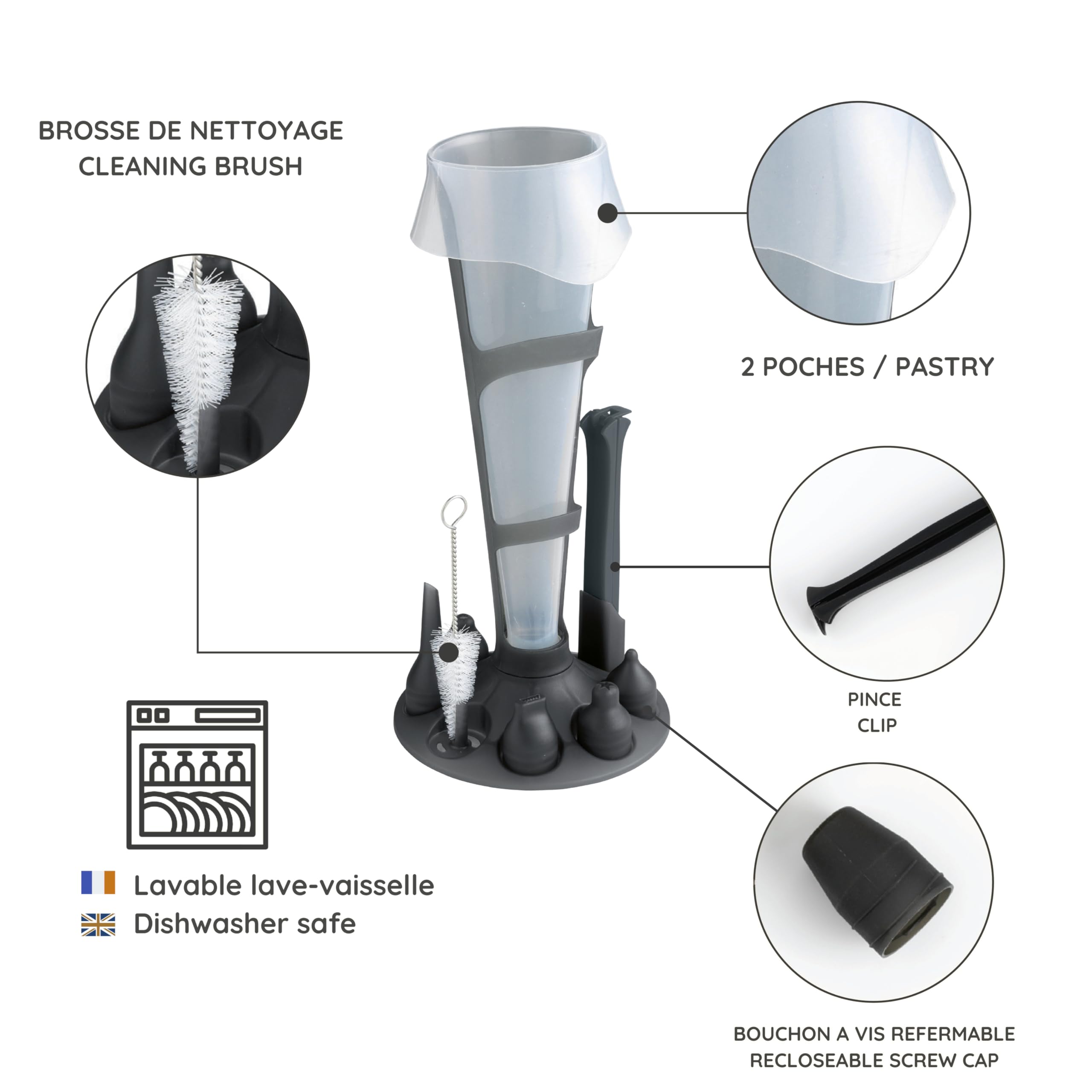 MASTRAD - Set 2 Poches à Douille Professionnelle Réutilisables + Support + Goupillon de Nettoyage - Cuisine Pâtisserie Desserts - Contenance 500ml et 1L - Sans BPA, Noir