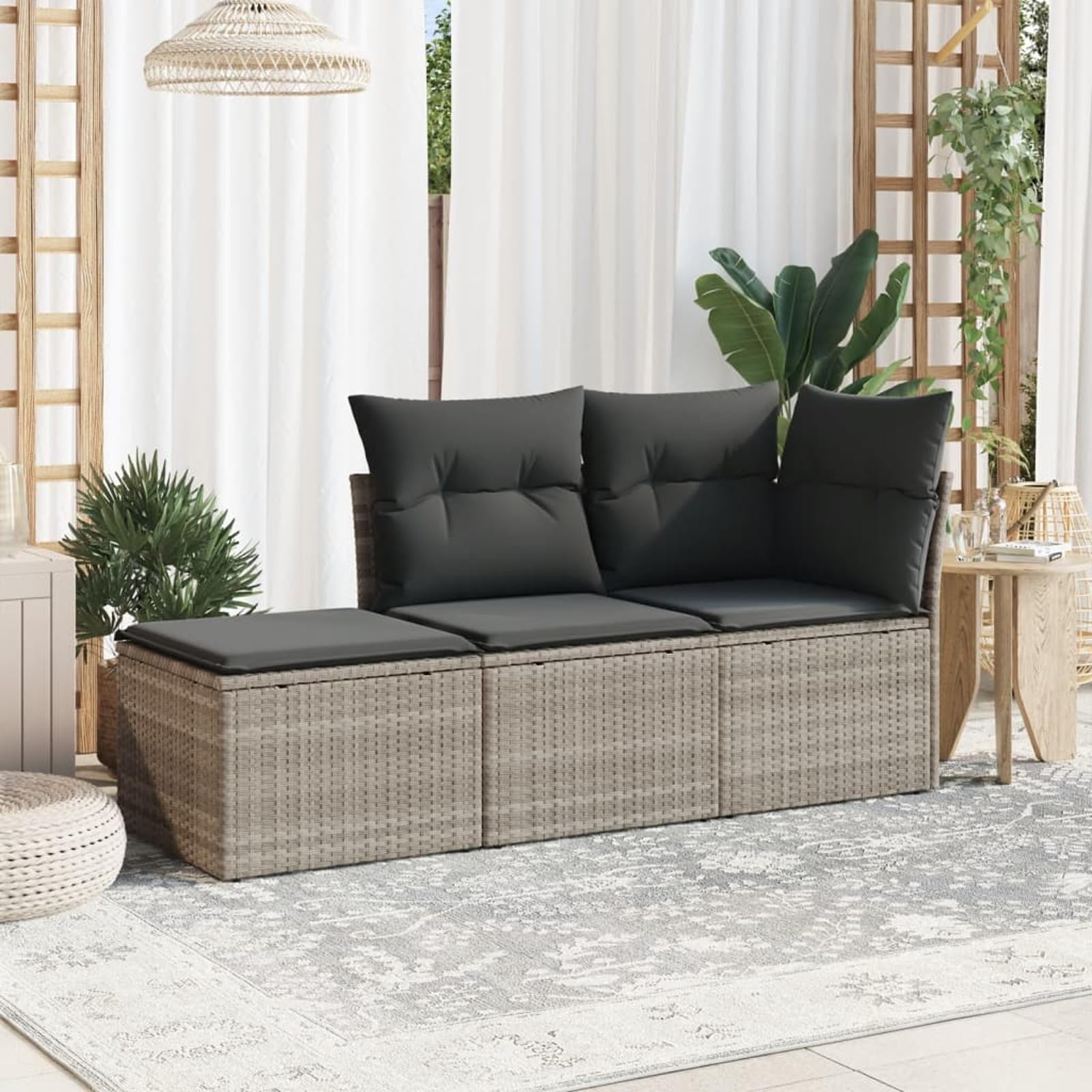 Set Divano da Giardino 3pz con Cuscini Grigio Chiaro Polyrattan,Set di Conversazione per Patio,Set Salotto da Esterno,Set Divano da Giardino Esterno-3249311