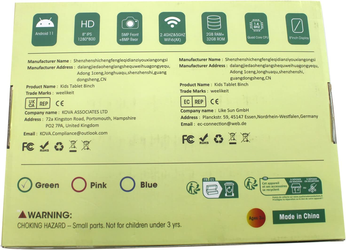 weelikeit Tablet per bambini 8 pollici, Android 11 Tablet per bambini con AX WiFi6, 2GB RAM 32GB ROM, display 1280 * 800 HD, 4500 mAh, tablet per il controllo parentale con stilo (rosa) weelikeit Tablet per bambini 8 pollici, Android 11 Tablet per bambini con AX WiFi6, 2GB RAM 32GB ROM, display 1280 * 800 HD, 4500 mAh, tablet per il controllo parentale con stilo (rosa)