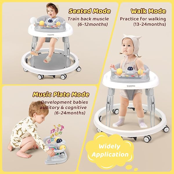 Baby Walker, Foldable Multi-Function Anti-Rollover Walker with Music Tray & Light, 7 Level Height Adjustable, Baby Walkers for 1 Year Olds Suitable for All Terrains (Grey) - 5