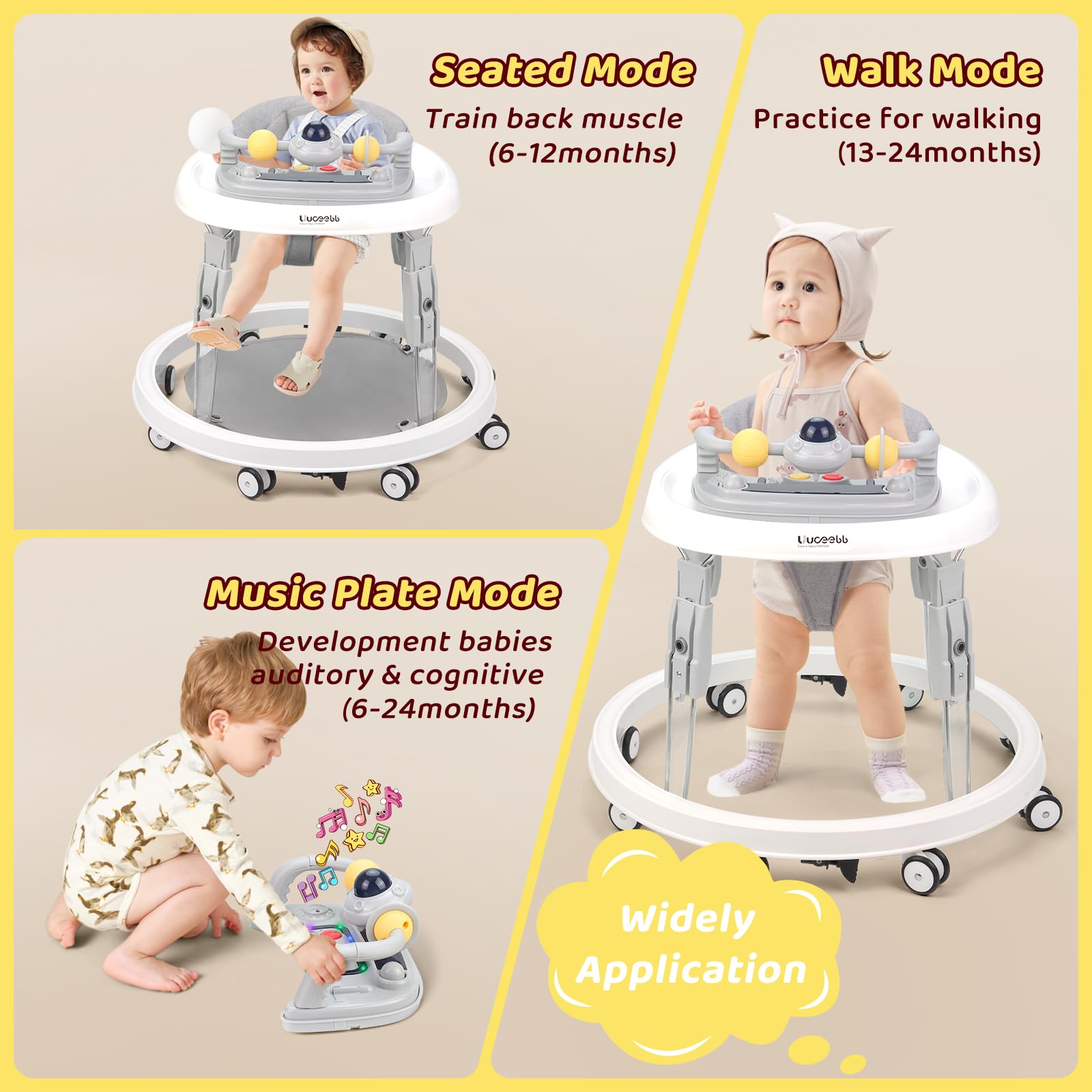 Baby Walker, Foldable Multi-Function Anti-Rollover Walker with Music Tray & Light, 7 Level Height Adjustable, Baby Walkers for 1 Year Olds Suitable for All Terrains (Grey) - 5