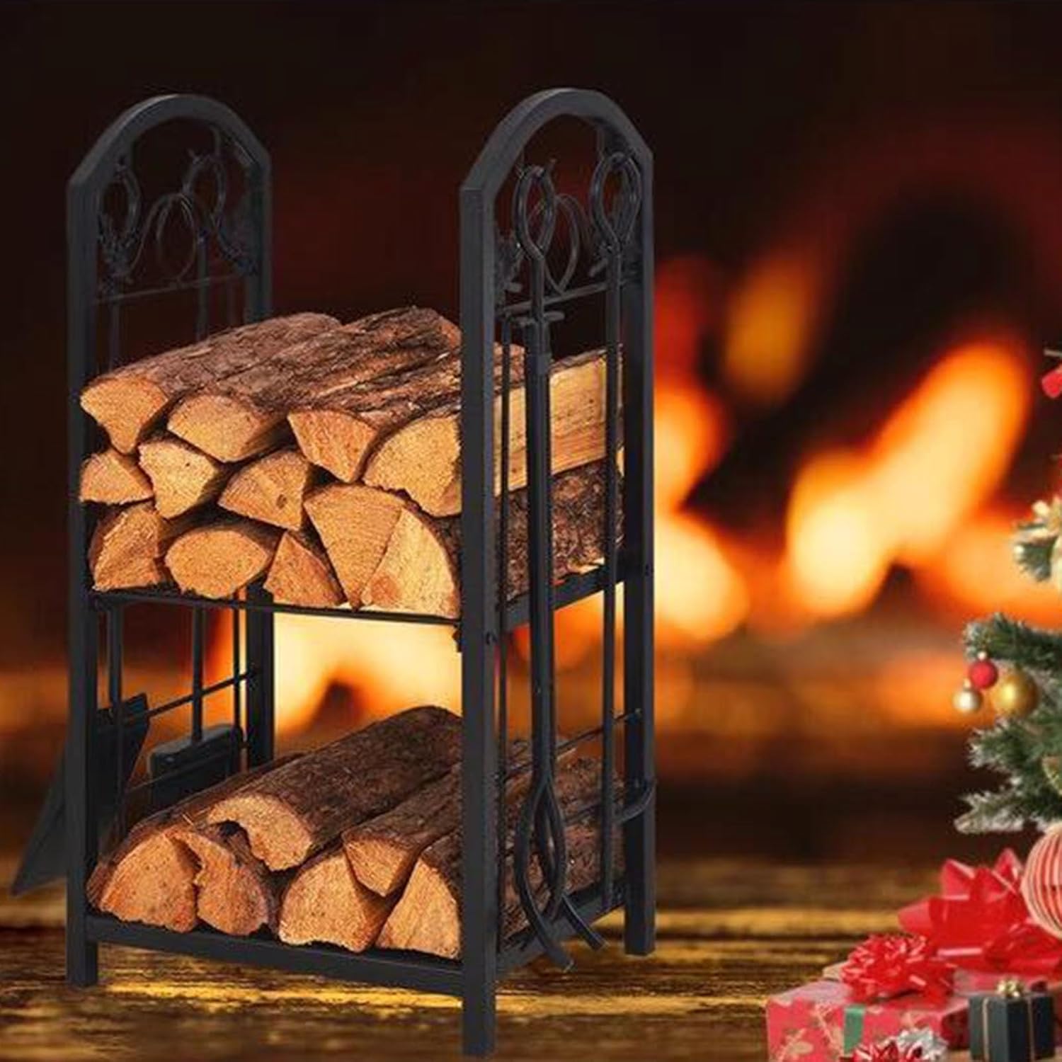 Indoor Fireplace Tools Wrought Iron, Large Fire Log Holder Storage Set Fireplace Tools Set Accessories, Kindling Holders/Firewood Rack