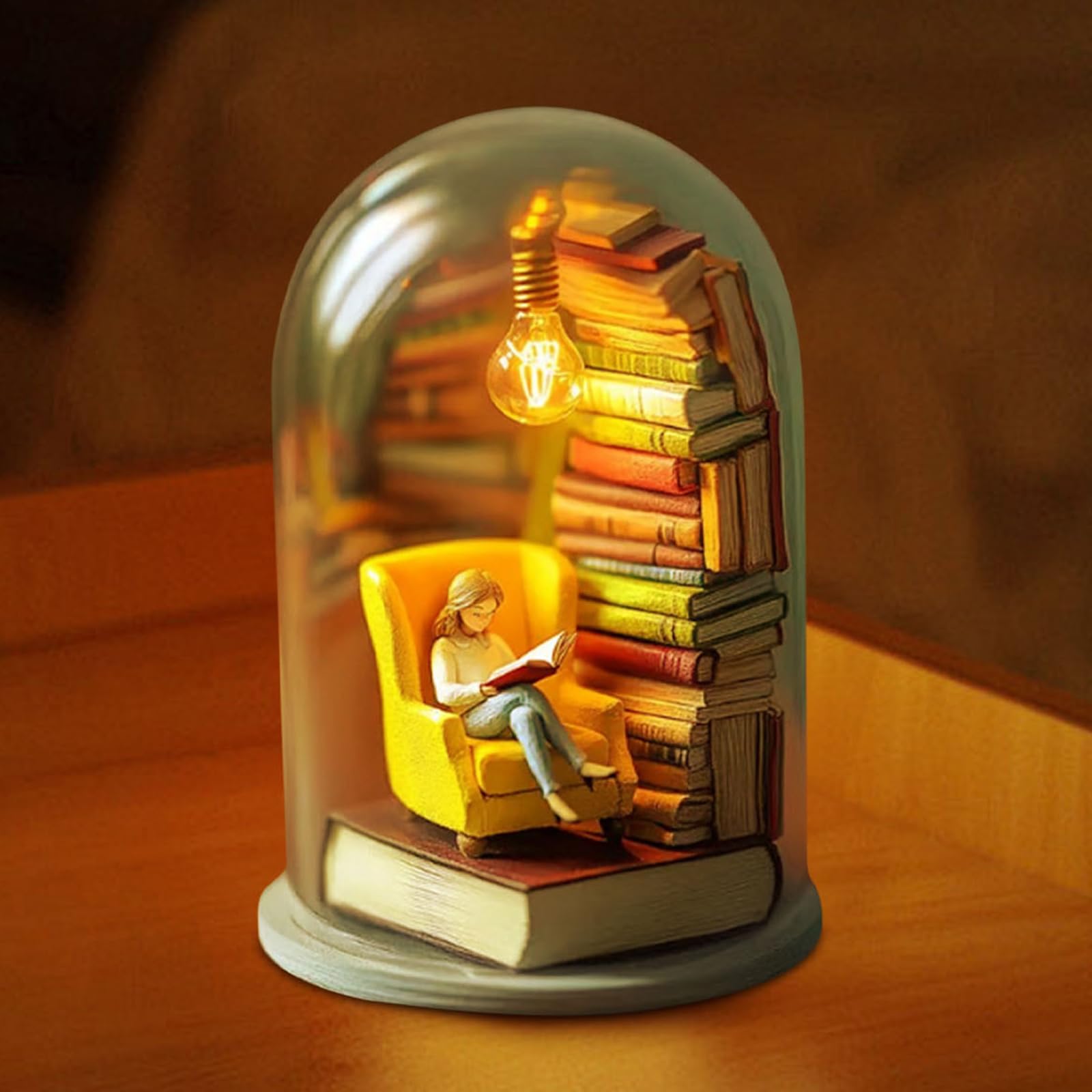 Reader Night Light, Miniature Book Lover Lamp Sculpture with Mini Books and LED Light, Glass Dome Book Nook Lamp for Home/Office/Library (#A)