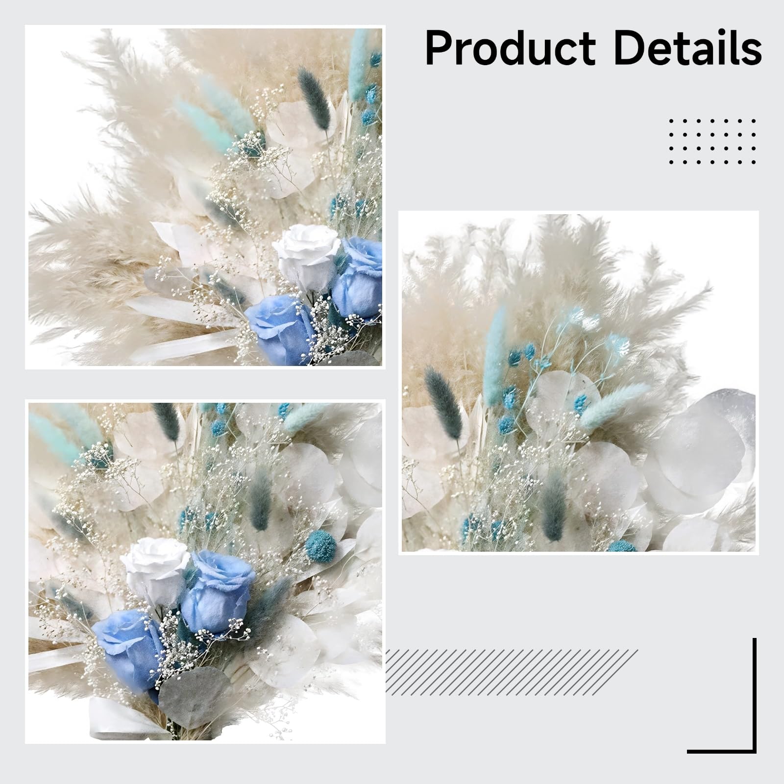 Trockenblumenstrauß mit blauen und weißen Rosen, Pampasgras, Eukalyptusblättern und Dekorband, Elegantes Blumenarrangement für Hochzeiten, Wohnen, Deko und Geschenke