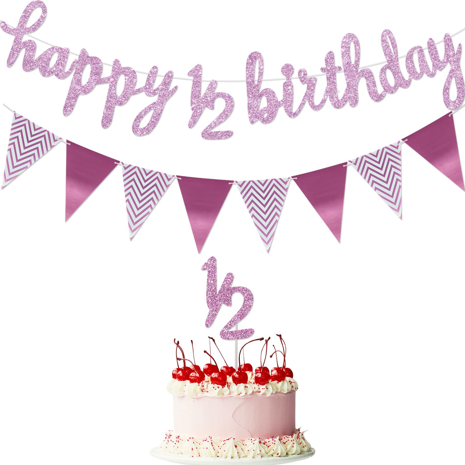 Boao Pre- Strung Half Birthday Decorations Set 6 Months Happy 1/2 Birthday Banner, Glitter 1/2 Half Year Cake Topper, Triangle Flag Banner for Baby
