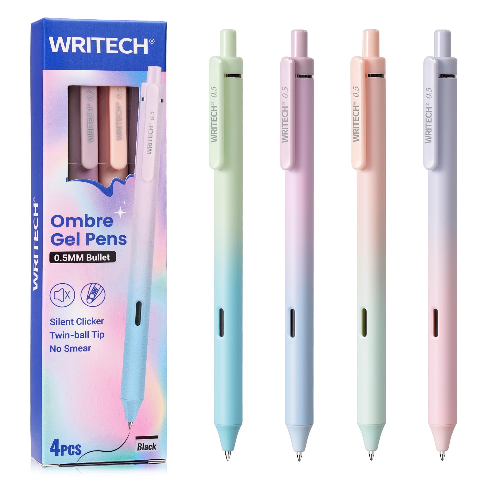 WRITECH Gel Pens Fine Point: 0.5mm Black Ink Retractable 4ct Smooth Writing No Bleed with Aesthetic Gradient Color Pen Barrel for Journaling Note Taking Sketching