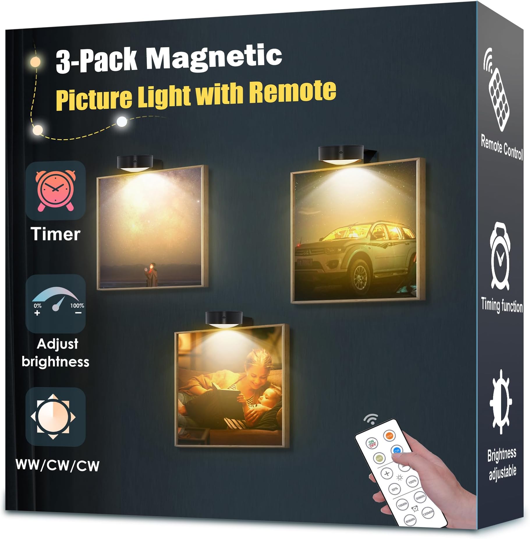 3-Pack Picture Light Battery Operated, Magnetic Led Lights with Remote, Dimmable and Timer Painting Light, Art Display Light for Picture Frame Artworking Portrait, Home Wall Decor Puck Lights, Black