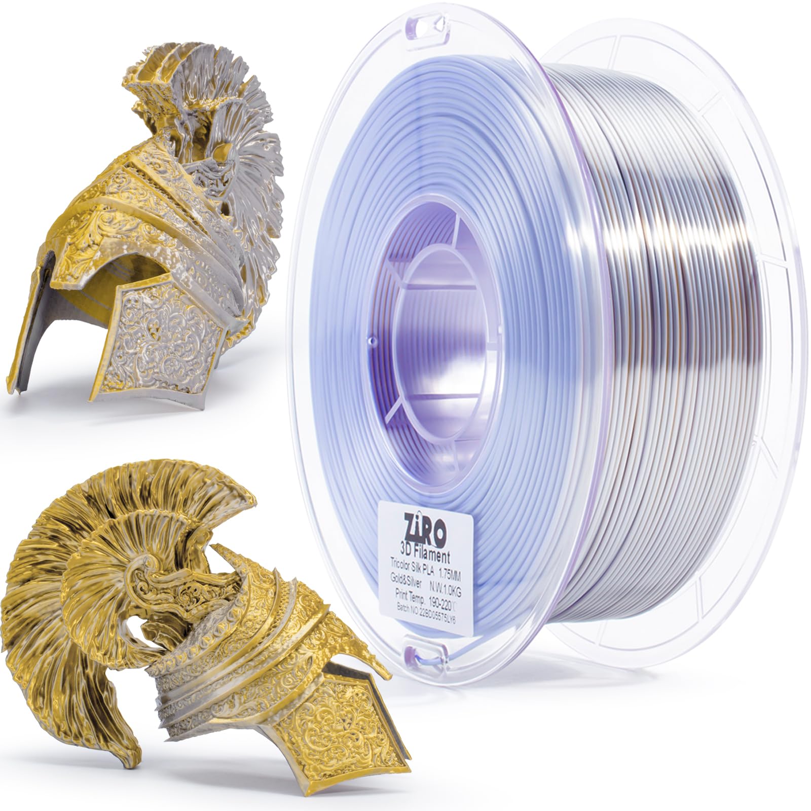 Ziro Pla Filamento Di Seta Di Coestrusione A Doppio Colore 1,75Mm Per Stampante 3D E Penna 3D, Filamento Arcobaleno Pla Multicolore, 1Kg (2.2 Libbre), Oro E Argento-image