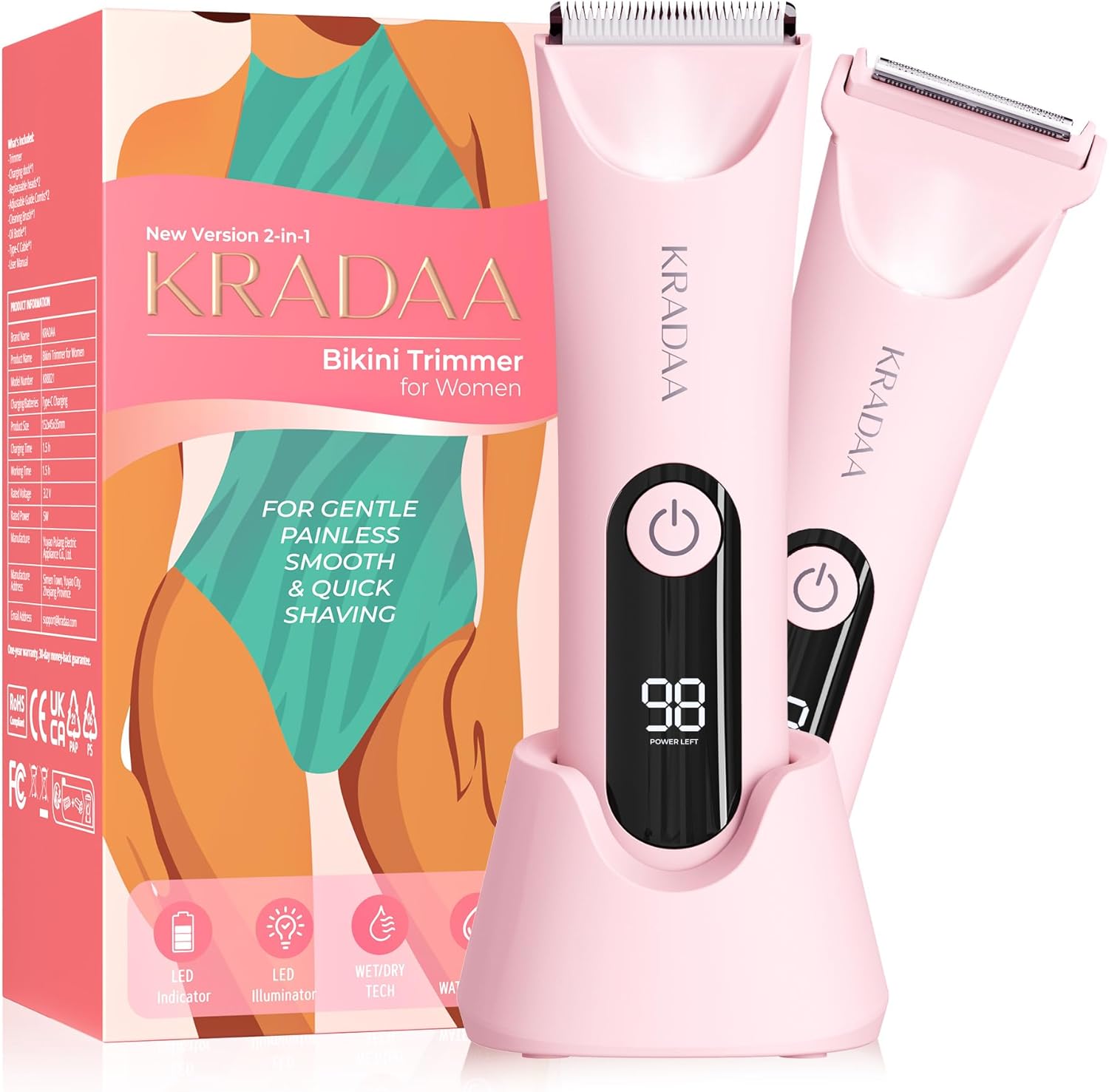 Bikini Trimmer for Women Pubic Hair: Rechargeable Eletctric Razors for Women – Painless Eletctric Shaver Waterproof IPX7 (Pink)