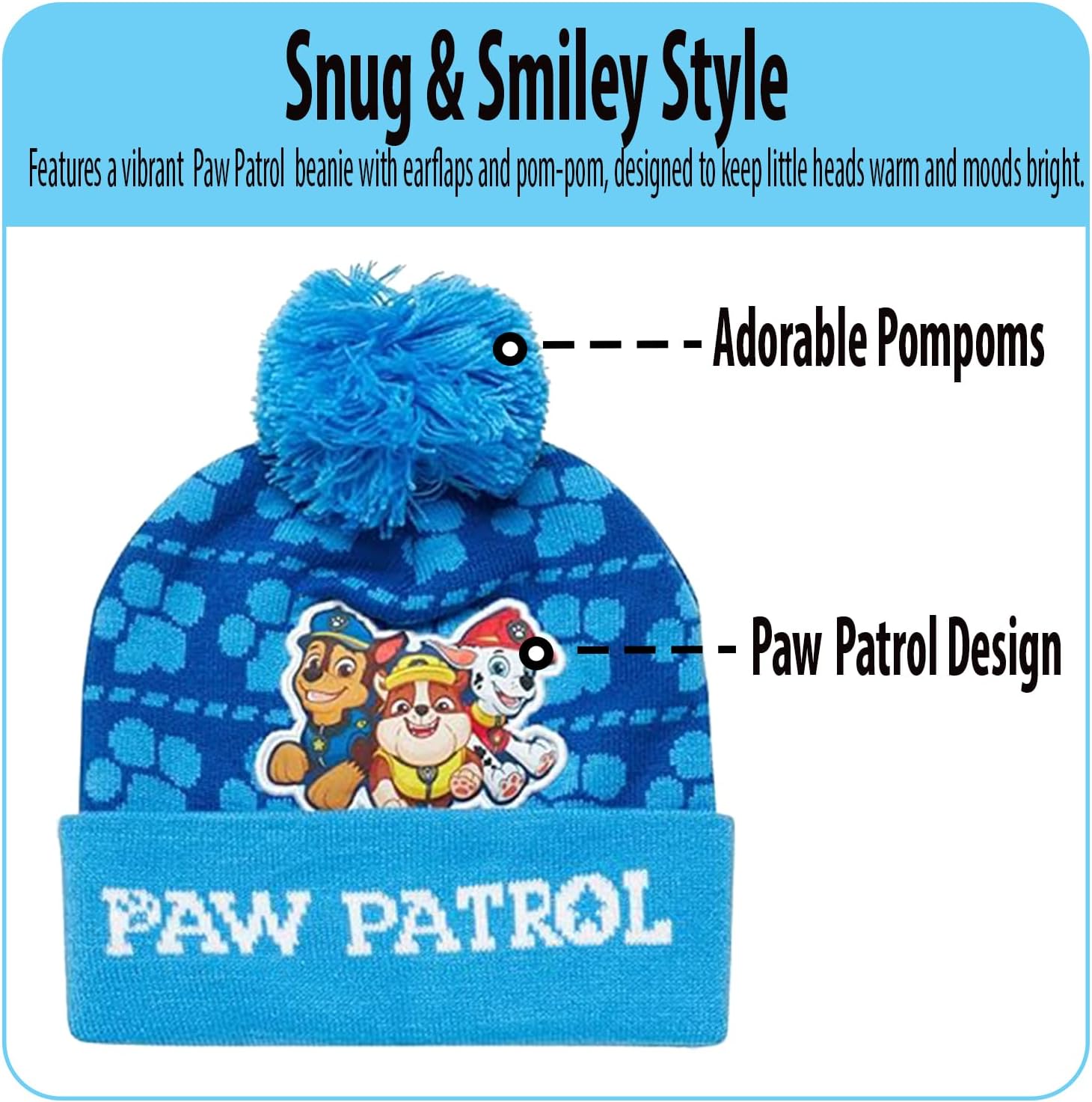 Nicklelodeon Paw Patrol Boy's Winter Hat and 2 Pair of Gloves or Mittens Set (Age 2-7) Size Age 4-7, Paw Patrol Blue Glove with Handwarmers