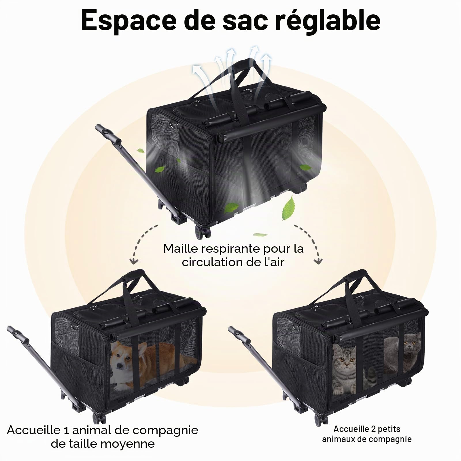 Sac de Transport Portable Double Compartiment pour Animaux à roulettes, Chariot de Voyage avec Poignée et Poches Rangement, Respirant et Confortable, avec Accessoires Bonus - Noir