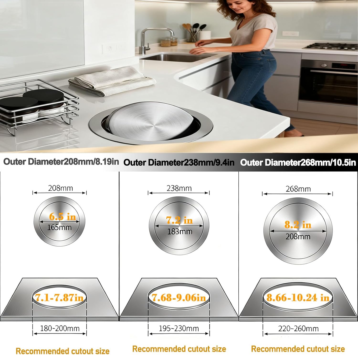 Built‑In Recessed Trash Can Lid, Stainless Steel Swing Flap Bin Cover for Kitchen Countertop Chute, Silver Embedded Wastebasket Cover to Keep Garbage Hidden to Bathroom round(D208mm/8.19in)