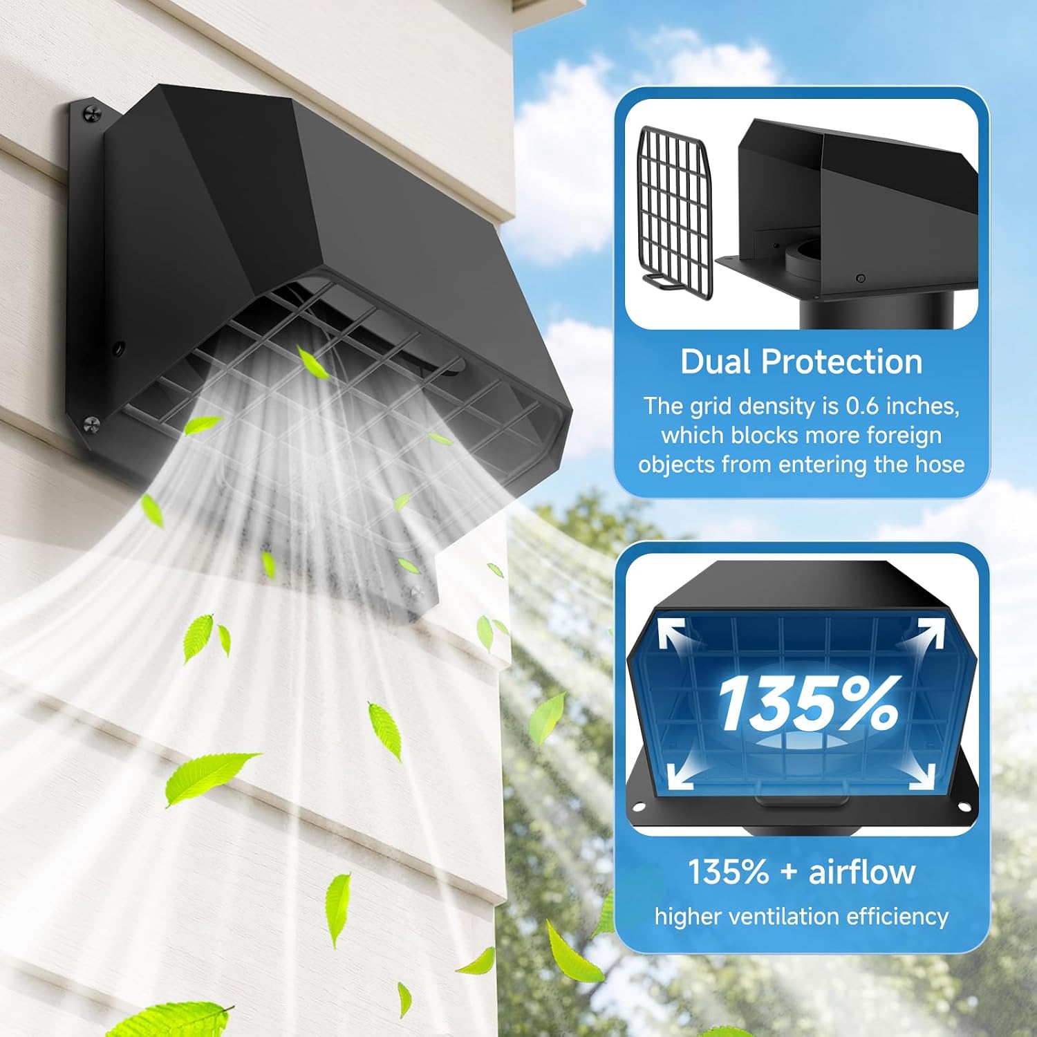 Hon&Guan 4'' Dryer Vent Cover Outside High Airflow Magnetic Closure Black