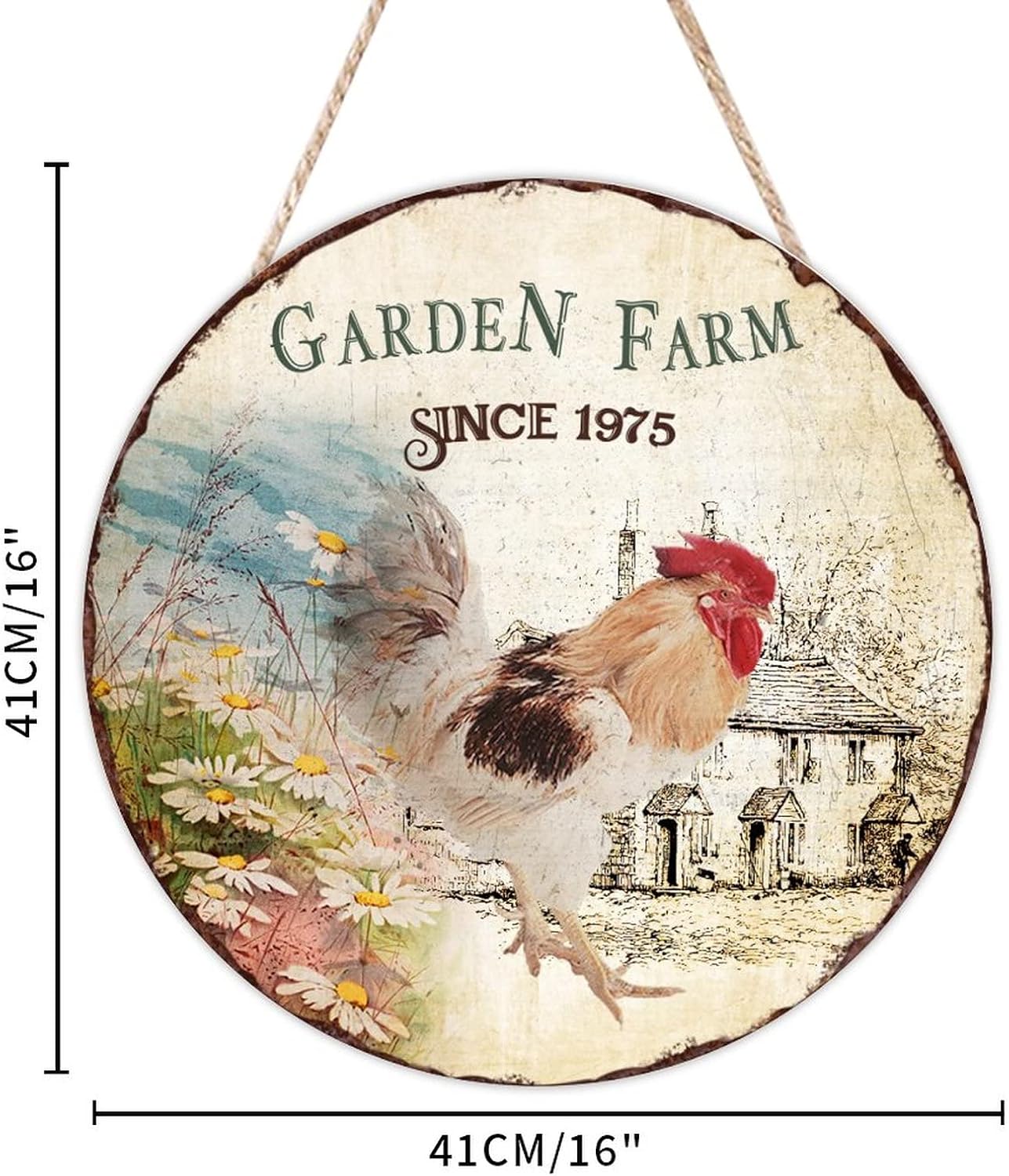 Rustic Wall Hanging Sign Plaque, Garden Farm Since 1975 Wood Door Sign, Chicken 16x16in Round Door Hanger Sign for Front Door Entryway Porch Bar Pub Farewell Party Housewarming Gifts
