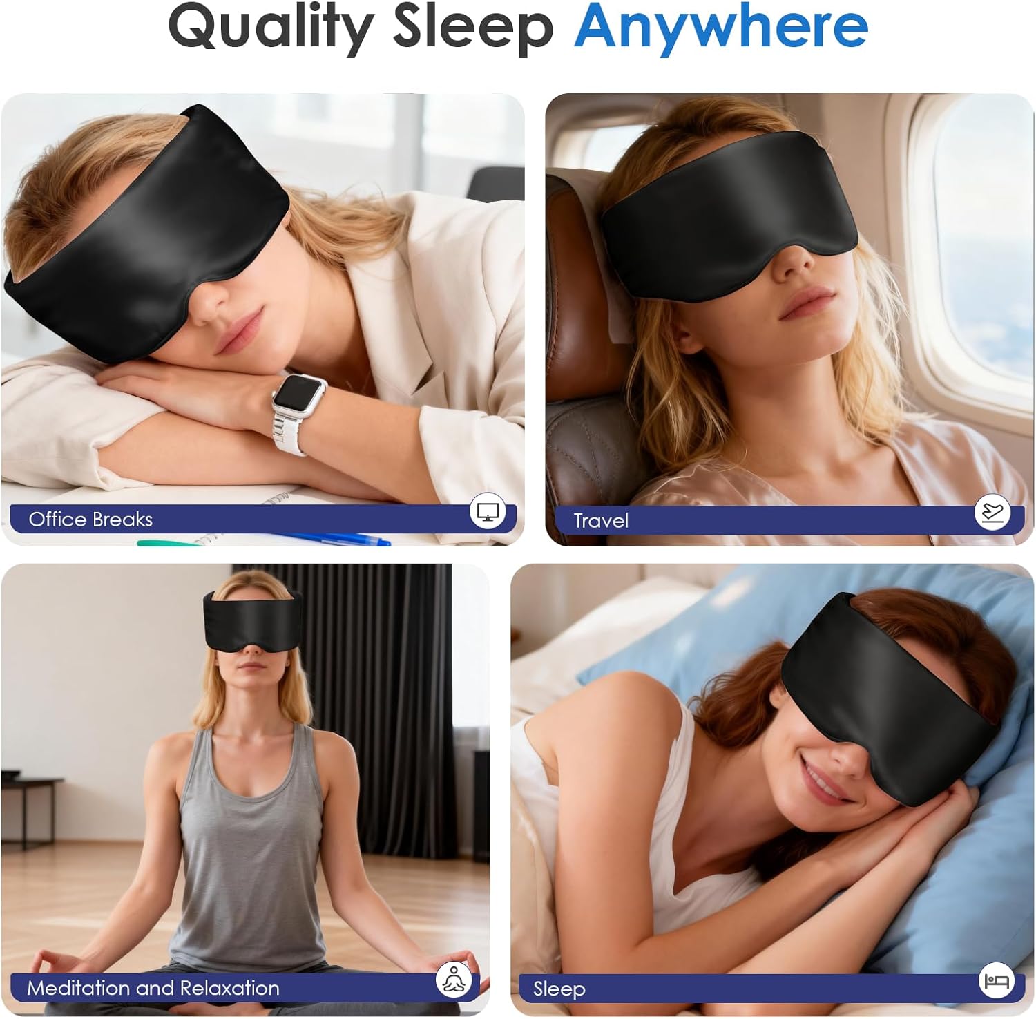 Weighted Eye Mask for Sleeping, Silk Sleep Mask for Side Sleeper with Adjustable Buckle, 100% Blockout Design, Ideal for Meditation, Relaxation and Travel, with Storage Pouch (Black)