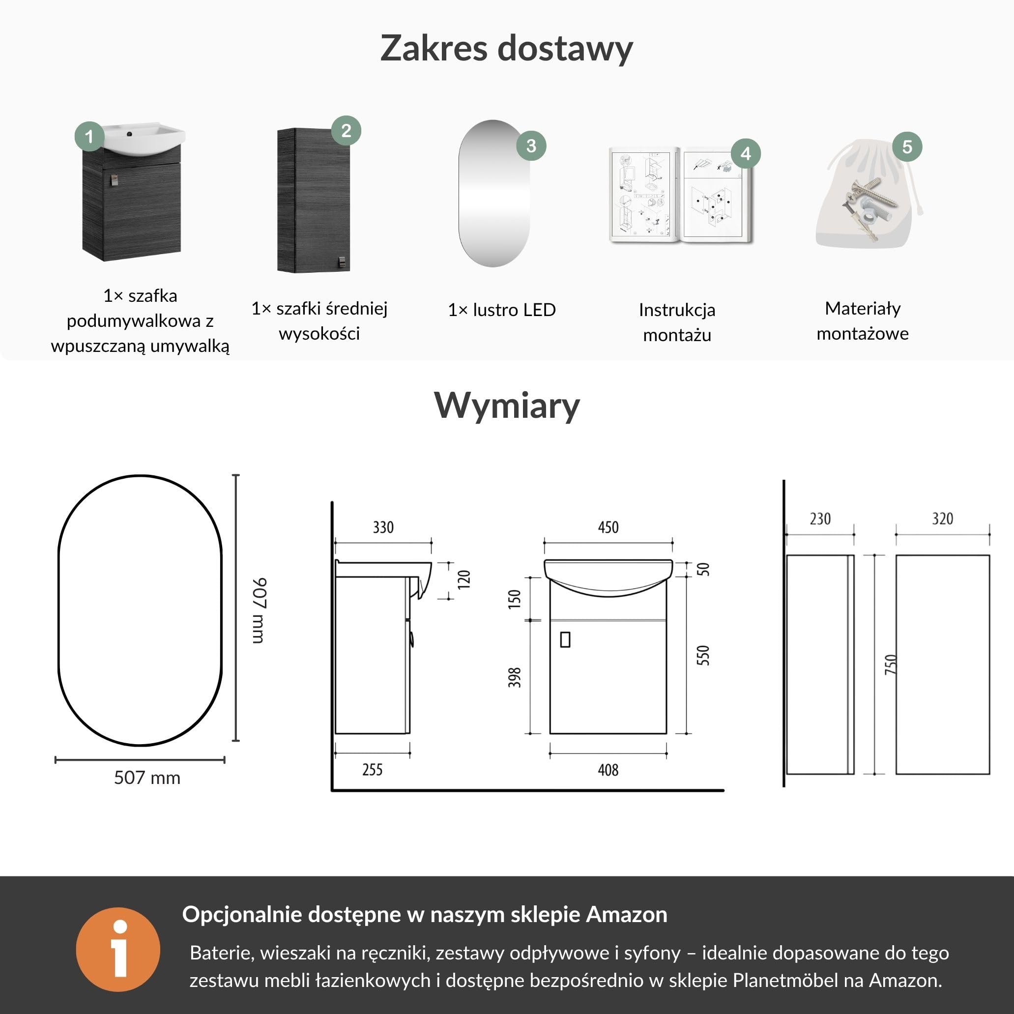 Planetmöbel Zestaw mebli łazienkowych umywalka z mebel podumywalkową 45 x 60 x 33 cm, lustro z oświetleniem 50 x 90 cm i szafka midi do łazienki i WC dla gości, antracytowy