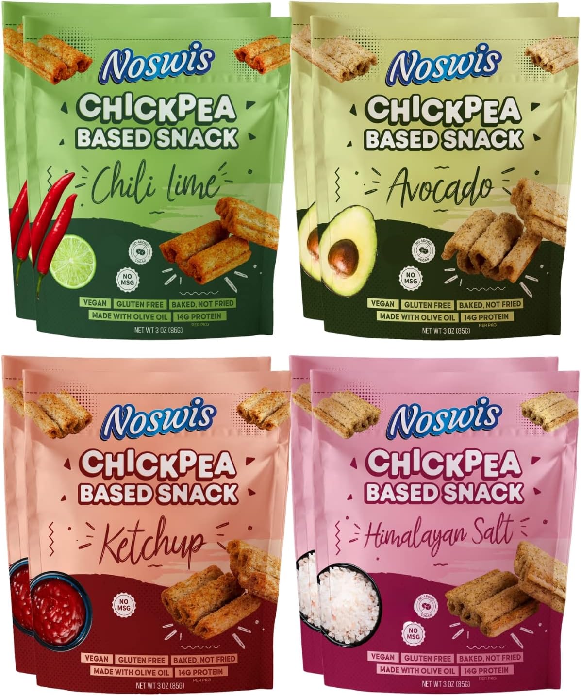 NOSWIS Chickpea Based Snacks (8 Pieces per Box), Hummus - Baked Not Fried Crisps - Made with Olive Oil No MSG - High Plant Based Protein - No added Sugar - Veggie - Gluten Free - Dairy Free