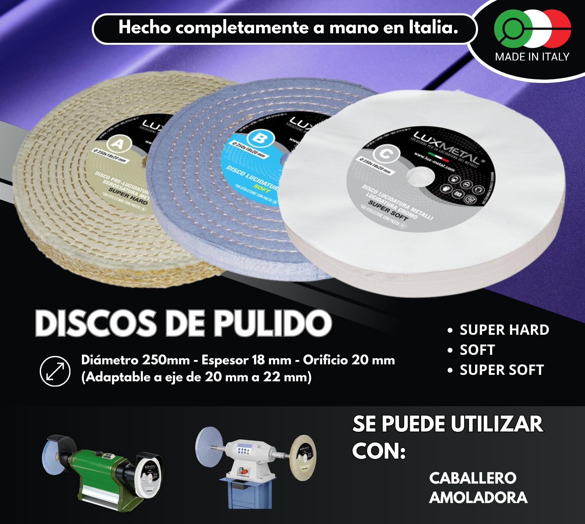 Lux Metal - Kit con 3 discos pulidores de 250 mm y 3 pastas abrasivas pulidoras de 700 gr - Para aluminio hierro acero inoxidable bronce mármol - Rueda de pulido para metales muela esmeriladora