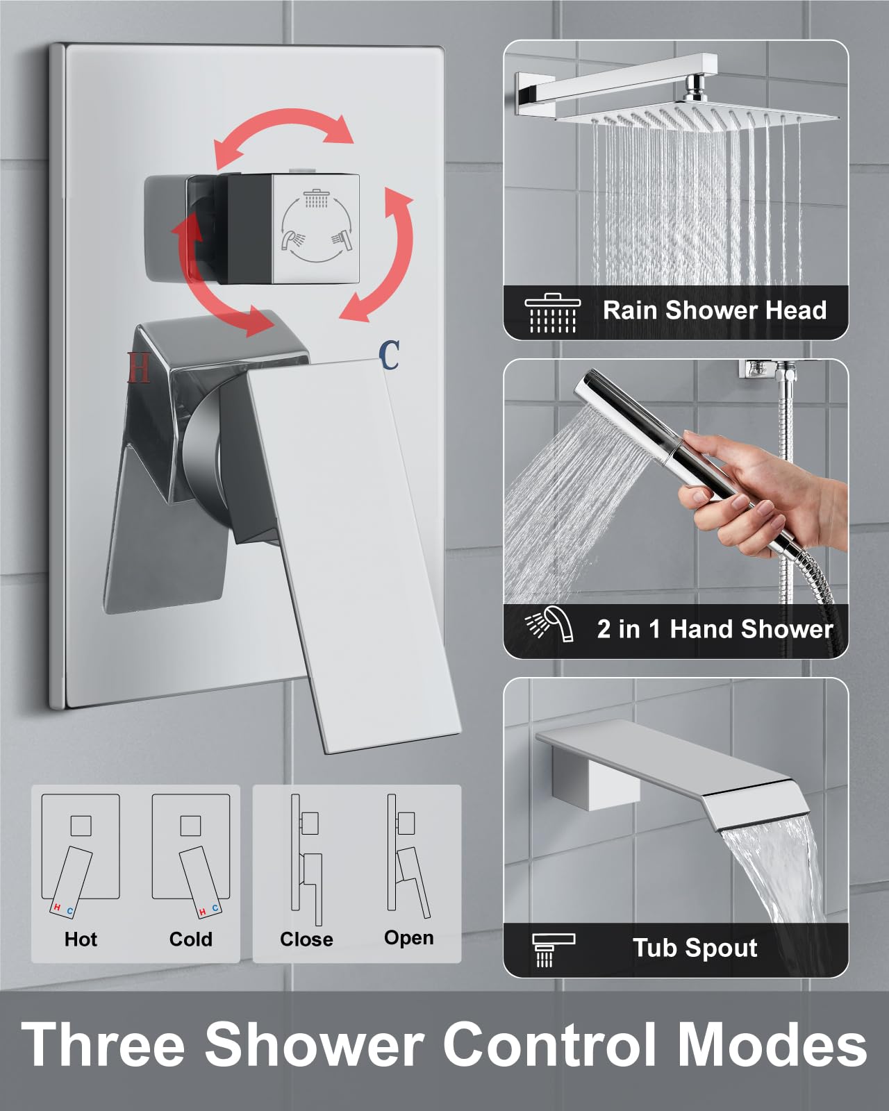 Systemy prysznicowe Bateria wannowa i prysznicowa Combo Polish Chrome 25 cm montaż ścienny deszczownica głowica prysznicowa z prysznicem ręcznym 2 w 1 i wylewką do wanny wodospadowej gruboziarnisty