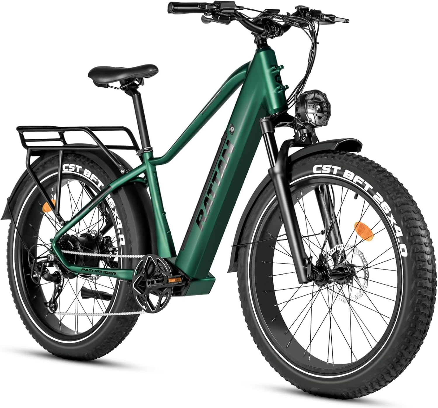 Rattan Pathfinder Electric Bike in Midnight Green, showcasing its full assembly with fat tires, front suspension, and rear rack.