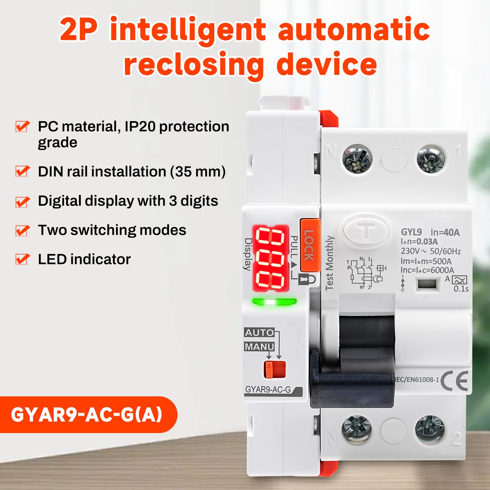 Interruttore Differenziale a Riarmo Automatico con display a LED,40A 30mA 2P AC230V Salvavita con Riarmo Automatico RCCB Salvavita Riarmo Automatico(30mA Type A)