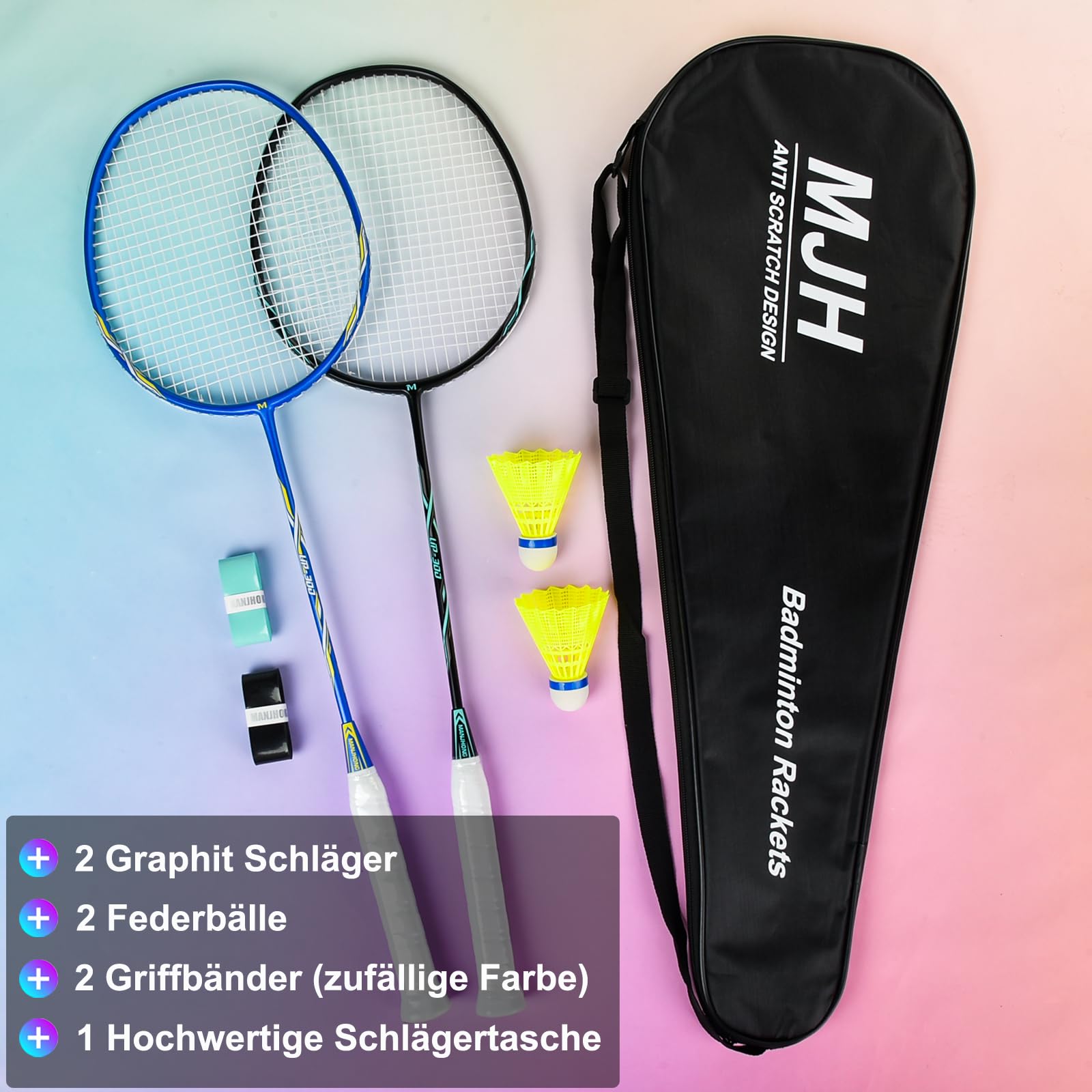 Graphit Badmintonschläger Set, Kratzfestes Rahmendesign, Carbon Badminton Schläger mit Tasche, Federbälle, Griffband