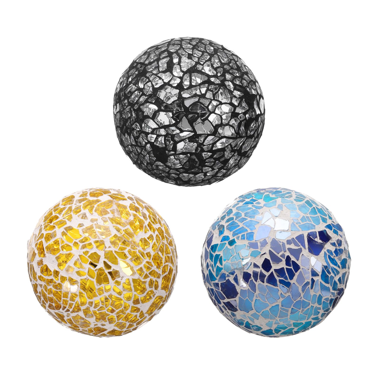 sourcing map 3Pcs Decorative Glass Balls 2.36 Inch Orbs Centerpiece Balls Mosaic Glass Ball Sphere for Decor Bowls Vases Dining Table Party, Silver Black, Gold Tone, Bright Blue
