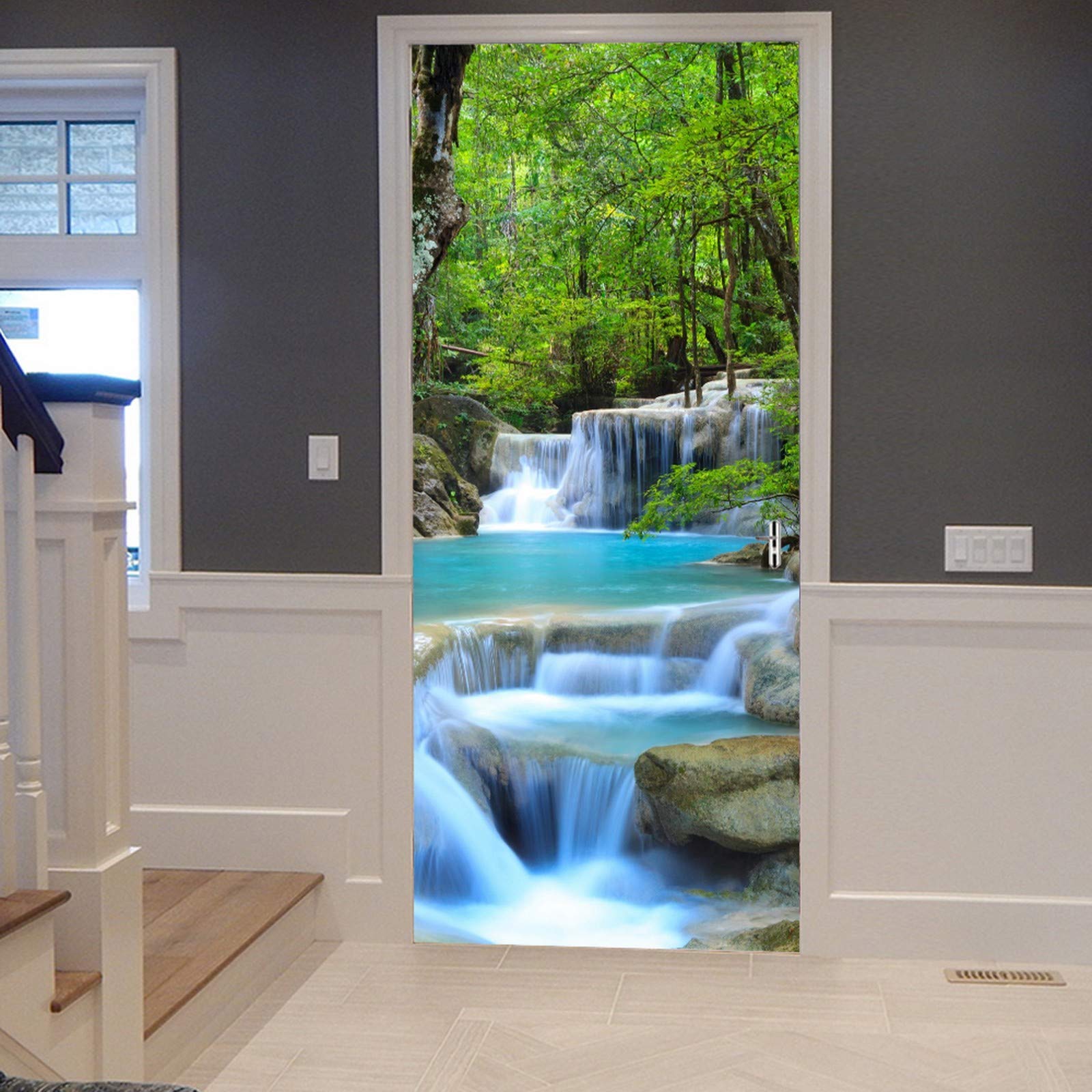 A.Monamour Adesivo Porta Autoadesiva Foresta Della Cascata Della Cascata Blu Del Parco Nazionale Di Erawan Della Tailandia Vinile PVC Adesivi per Porte Interne 3D Pellicola Adesiva Sticker Murale