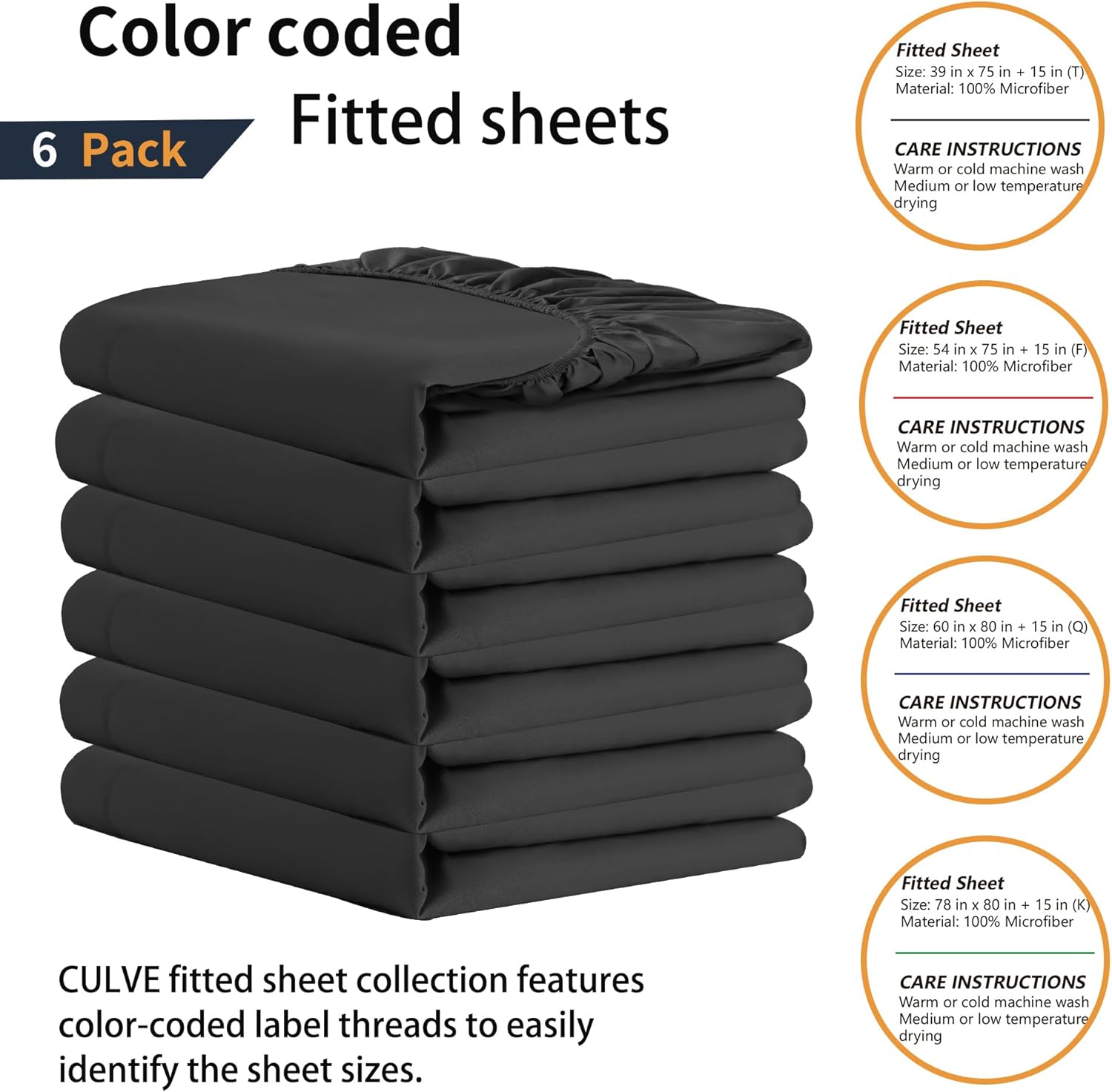 Bulk Full Fitted Sheet Only Deep Pocket 6 Pack, Quick Sort Bottom Bed Sheets Color-Coded Label Threads, Soft Brushed Microfiber Hotel Motel Airb&bs Essentials for Hosts(Black, 54"x75")