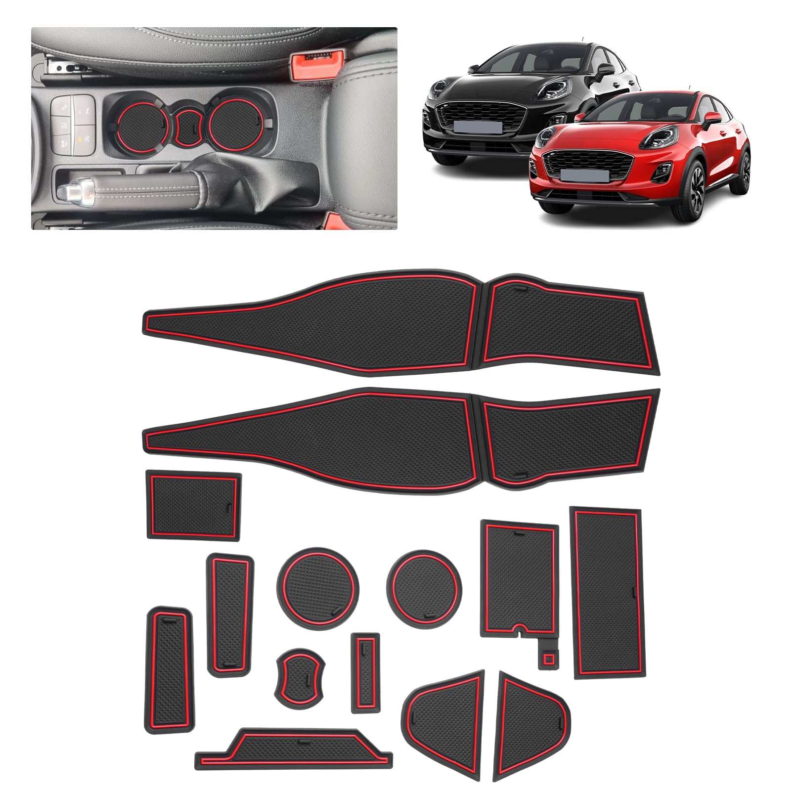 Tapis Anti-dérapant pour Ford Puma II 2020-2024 – Tapis en Caoutchouc Original pour Console Centrale, Porte-gobelets, Fente de Porte, Compatible avec Ford Puma St St-Line Titanium (Rouge)