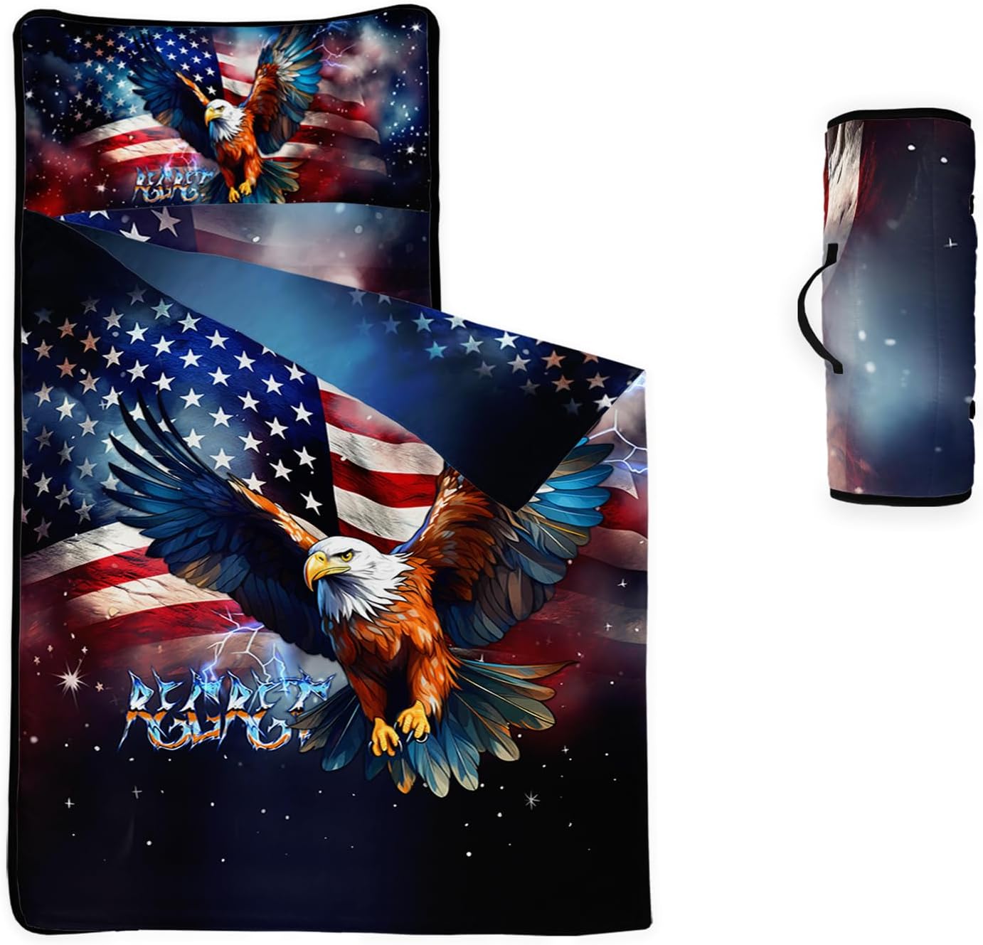 Axolotl Vintage Stars Nap Mat with Pillow and Blanket, American Stars and Stripes Slumber Bag, Grunge Sleep Mat for Teens, Retro Roll Up Sleeping Bag, Teens Portable Travel Camping, 50" L*21" W