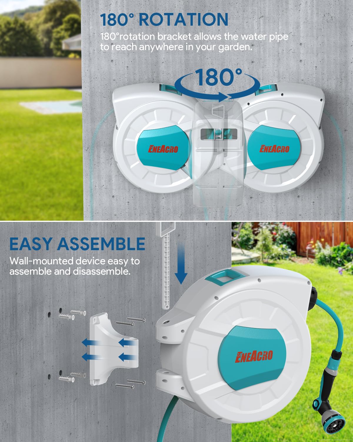 ENEACRO Enrollador Manguera Jardin de 30 m | Cartucho de manguera de pared con pistola pulverizadora de 10 funciones y función de enrollado automático, Garden Hose Reel