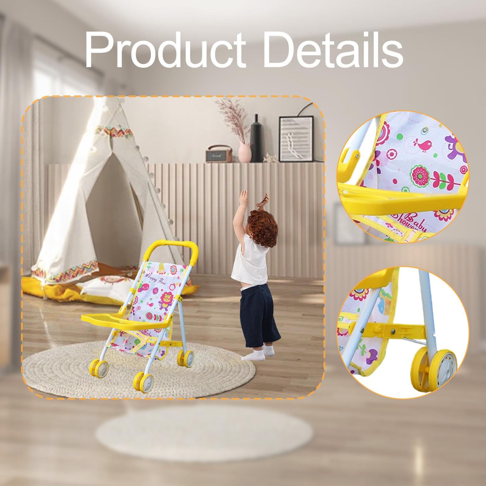 Puppenwagen, Spielzeug Kinderwagen, Lernspielzeug, Puppenwagen mit Rädern für Partys, Geburtstage, Spaziergänge Und, Gelb