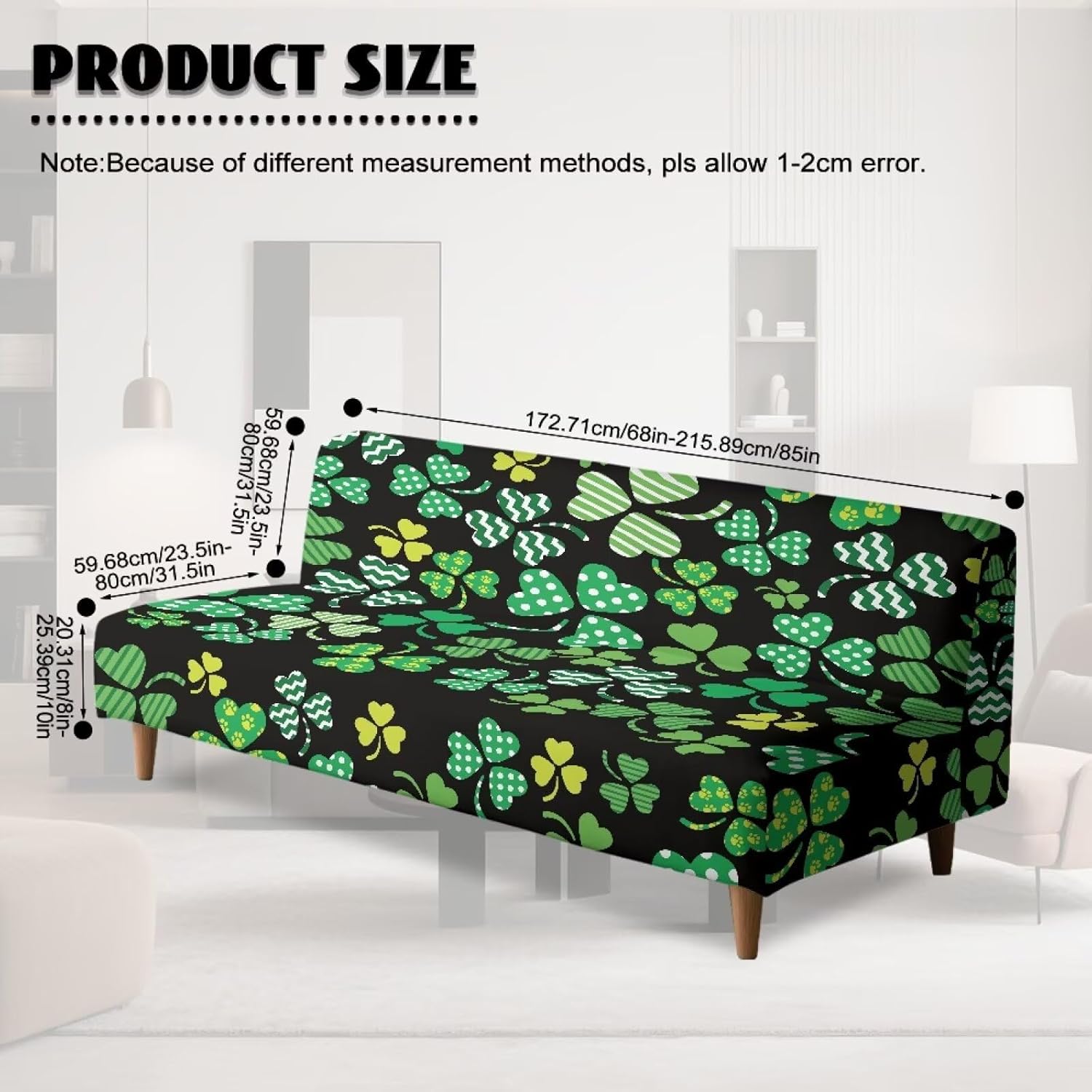 Non Slip Futon Protector Cover Armless Sofa Couch Bed Slipcovers with Elastic Bands Furniture Protector St Patrick's Day Green Leaf