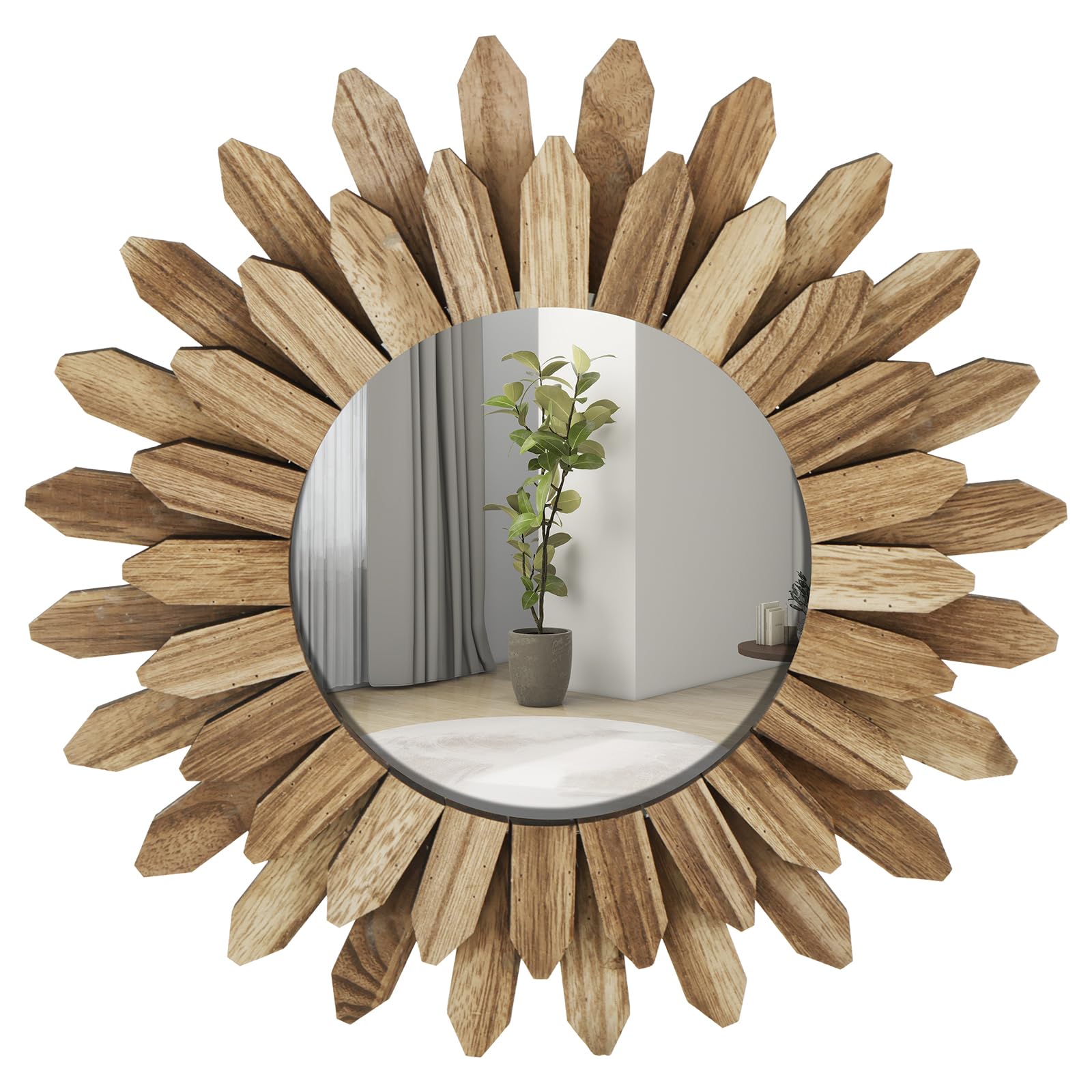 NZWBSHSSP Mirror Wall Décor Fashion Wood Mirror Wall Decoration Hanging Round Mirror Ornament Sunburst Mirror Art Decoration Rustic Decorative Hanging Mirror for Corridor Bedroom(Style 1)