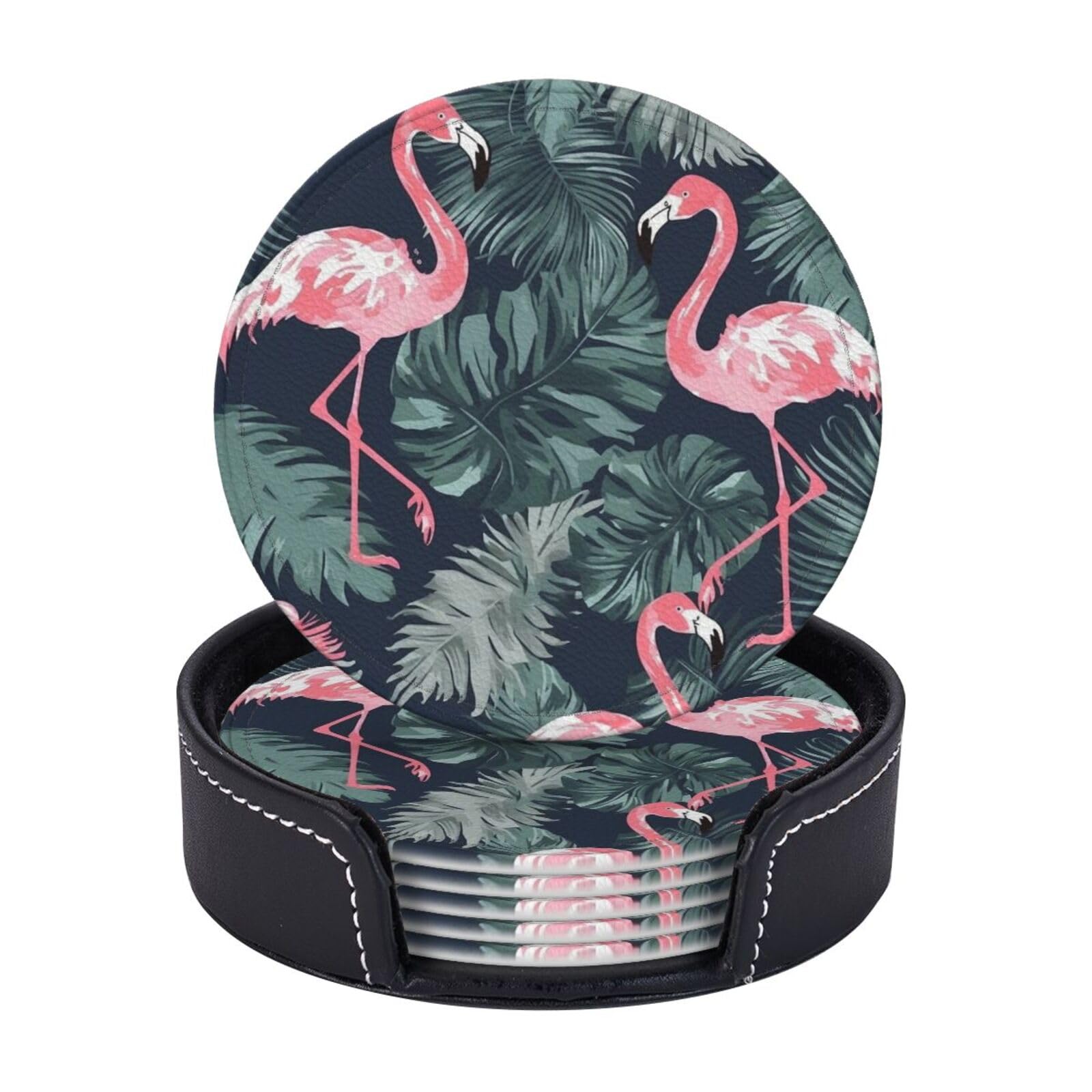 6PCS Drink Coasters with Holder, 4" Leather Coasters for Drinks, Flamingo and Leaves Cup Coasters for Coffee Table Decor, Non-Slip Drinking Cup Mat for Hot or Cold Drink