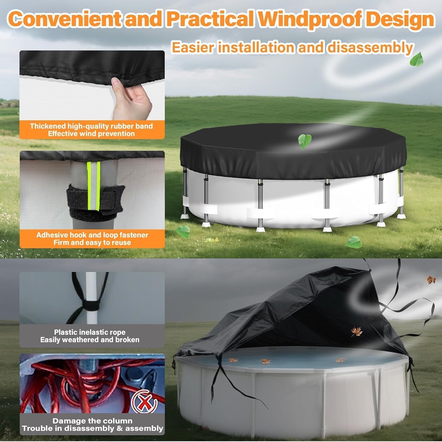 SAFANA 15FT Round Pool Covers for Above Ground Pools, Round Swimming Pool Cover [Upgrade 420D Thicker] Protective Leaf Cover with Reflective Strip, Tear Resistant Durability, UV Resistance, Black