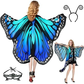 Sunlisky Butterfly Costume Women's Butterfly Wings Adult Double Layer Butterfly Wings Cape for Carnival Halloween Including Butterfly Costume Accessories Headband Face Mask