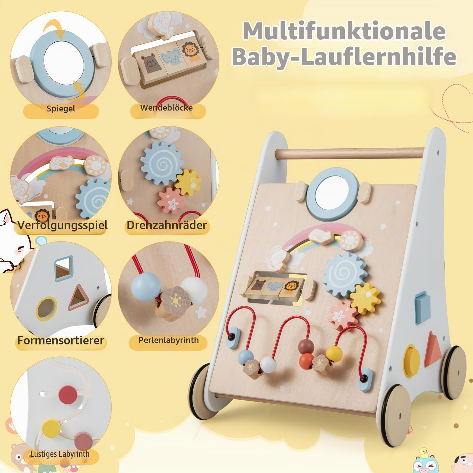 FANTASK 7 in 1 Lauflernwagen aus Holz, Lauflernhilfe mit Aufbewahrungsbox in Weiß, Montessori Baby Walker mit Spielbrett, Spiegel & Bauklötzen, Jungen und Mädchen ab 1 Jahr