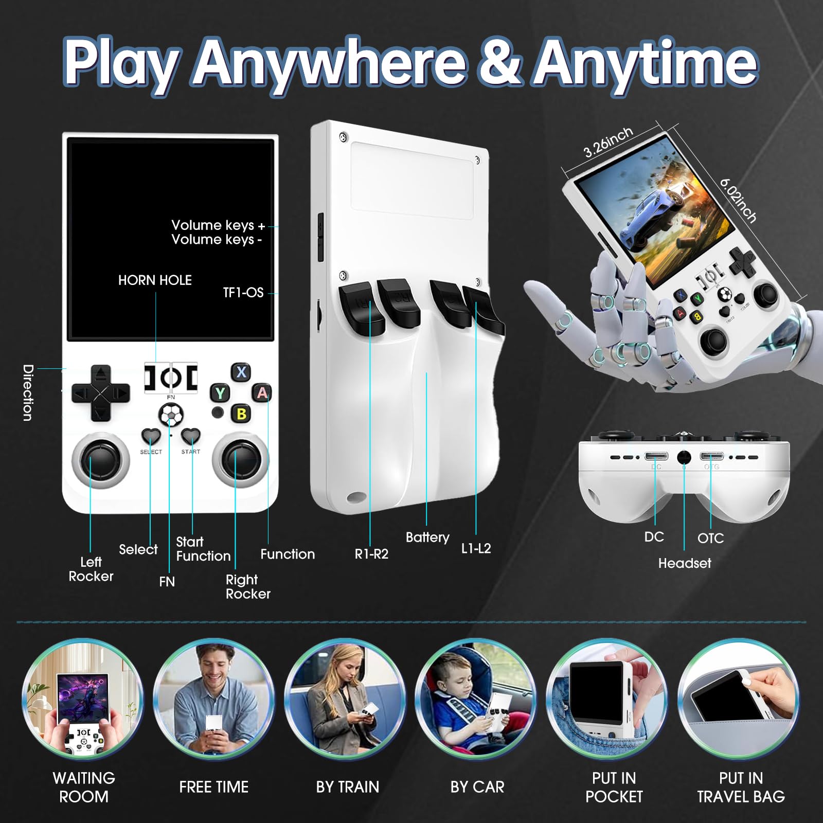 R36MAX Console di gioco portatile retrò R36S aggiornata con schermo IPS da 4 pollici, 128 GB di spazio di archiviazione, oltre 25.000 giochi e sistema operativo basato su Linux(Bianco scuro)