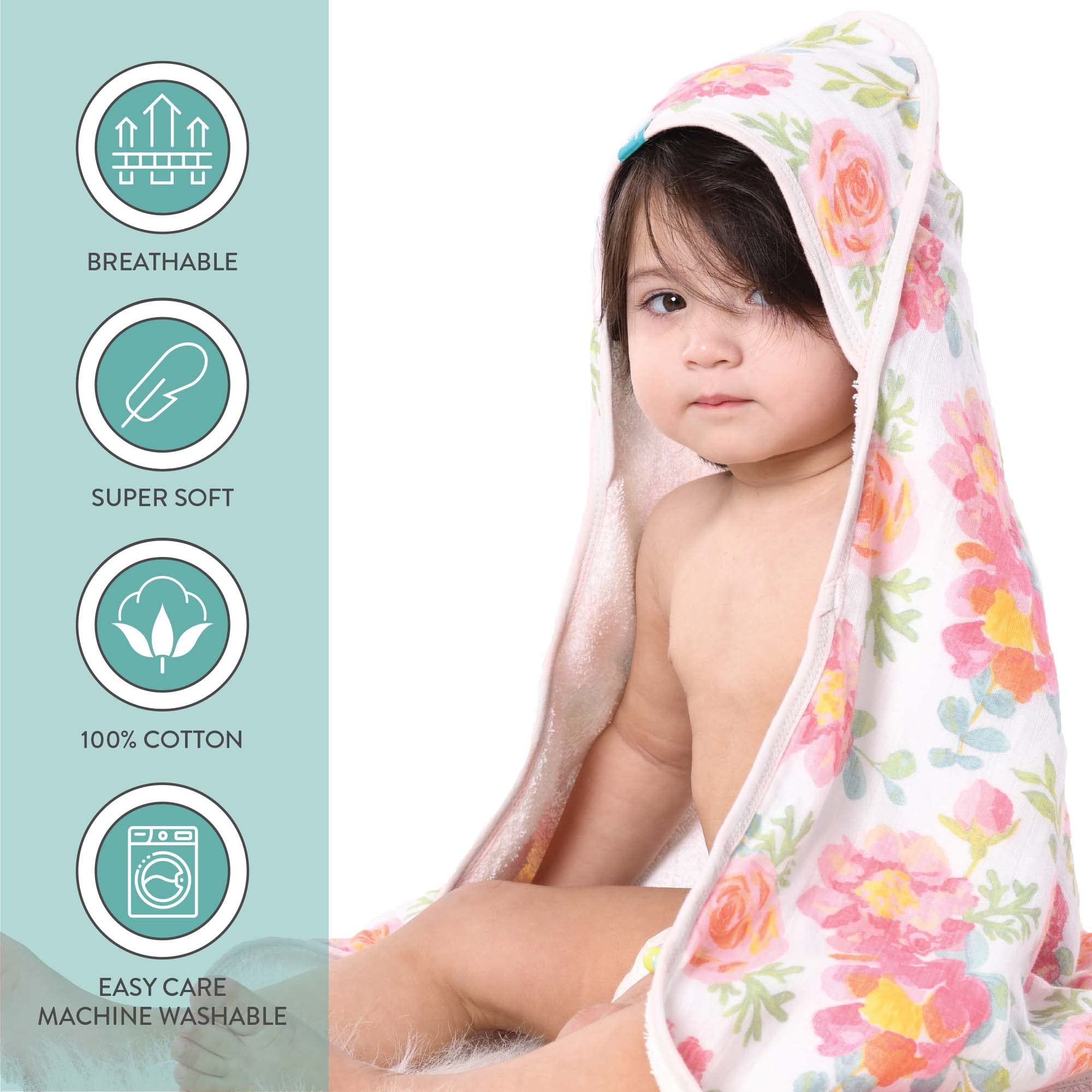 Toalla de baño para bebé de 30 x 30 pulgadas, toalla para bebé recién nacido con capucha con 4 paños – Toalla de baño de rizo de algodón ultra absorbente y suave para bebé, bebé y niño pequeño (niñas)