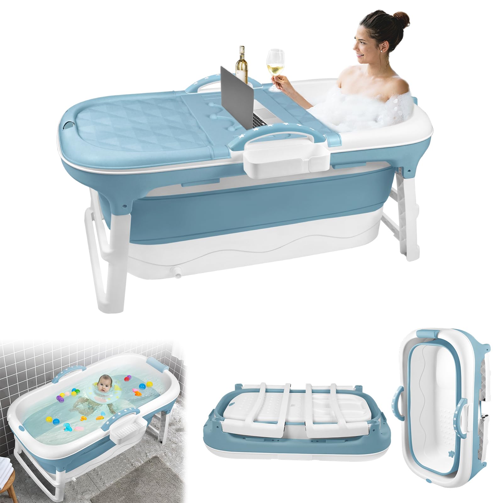 Składana wanna dla dorosłych, 118 x 62 x 52 cm, składana, z pokrywą, rolkami do masażu i koszem na mydło – mobilna do małych łazienek i SPA