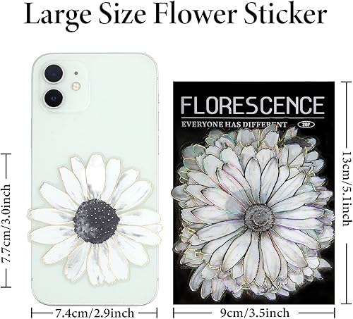 Miniatura 4 de Dizdkizd Calcomanías grandes de flores en blanco y negro con ribete holográfico dorado, calcomanías florales con purpurina transparentes para