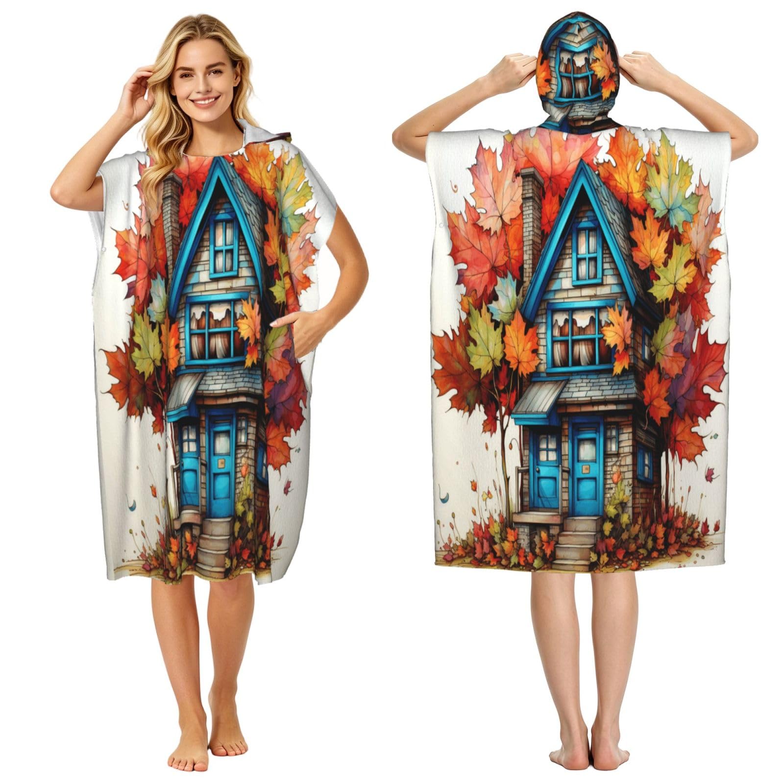 KLGRTJHK Maple Leaf House Adult Hooded Beach Poncho Towel 43"X35"