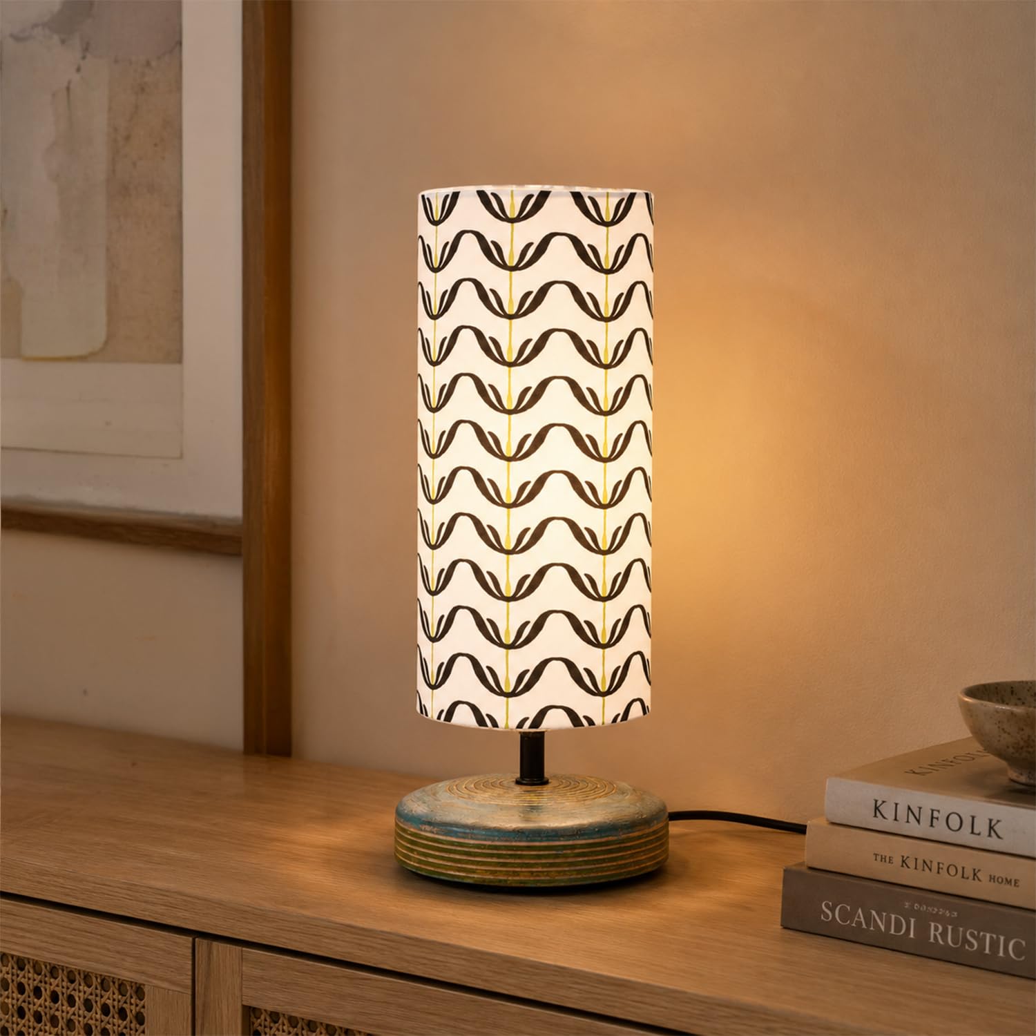 Amazon Basics Tarang Wavy Table Lamp | Hand-Painted Mango Wood Base with Printed Polyester Shade | E14 Holder | Decorative Night Lamp for Bedroom, Living Room & Study Room | Home Décor Gift
