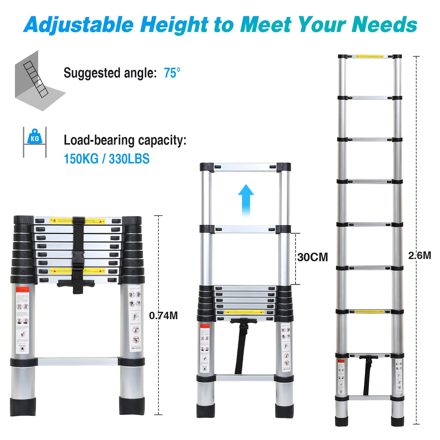 Scala telescopica in alluminio, blocco di sicurezza su più gradini, allungabile, antiscivolo, multiuso, carico massimo 150 kg, 2,6 m