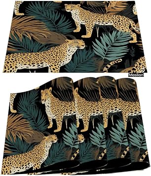 Moslion Placemats Leopard African Jungle Animal Print Palm Tree Leaves Tropical Plants Art Table Placemats for Dinning Table Washable Cotton Linen 12x18 Inch, Set of 4...