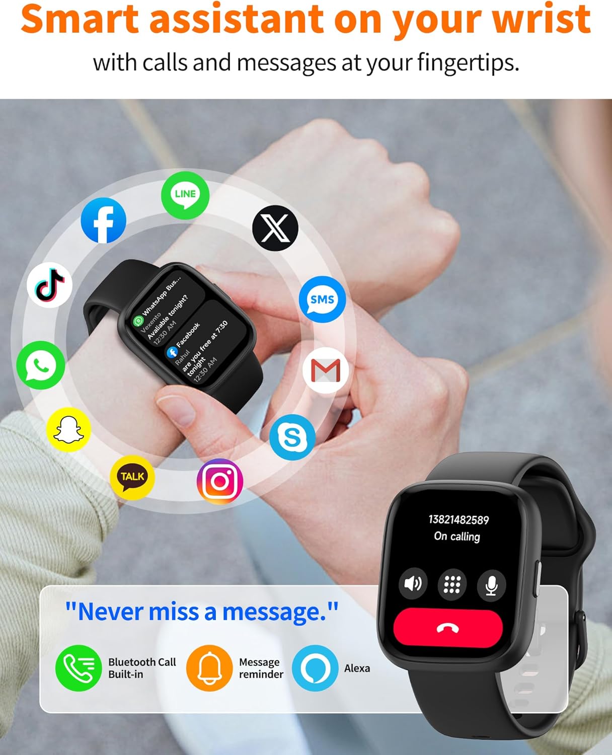 Smart Watch for Men Women, Bluetooth Calling, 1.83" HD Touch Screen Fitness Tracker, 100+ Sports Modes, Heart Rate Sleep Monitor, DIY Dial, IP68 Waterproof, Compatible with Android & iOS - Image 2