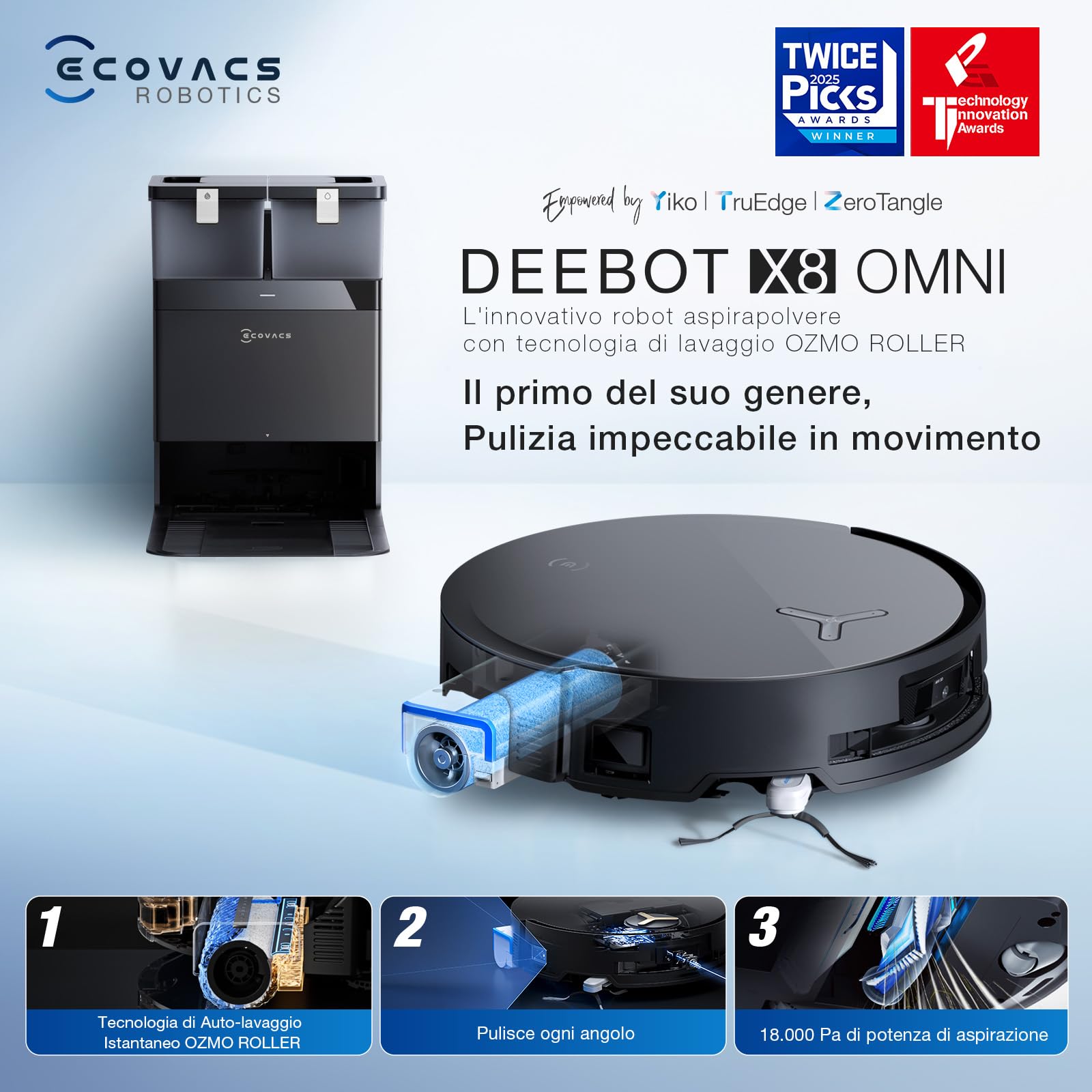 ECOVACS DEEBOT X8 OMNI Robot Aspirapolvere Lavapavimenti, 18000Pa, Spazzola OZMO ROLLER, Auto-Lavaggio e Svuotamento Istantanei, Pulizia Moci con Acqua Calda a 75℃, Asciugatura ad Aria Calda, Nero